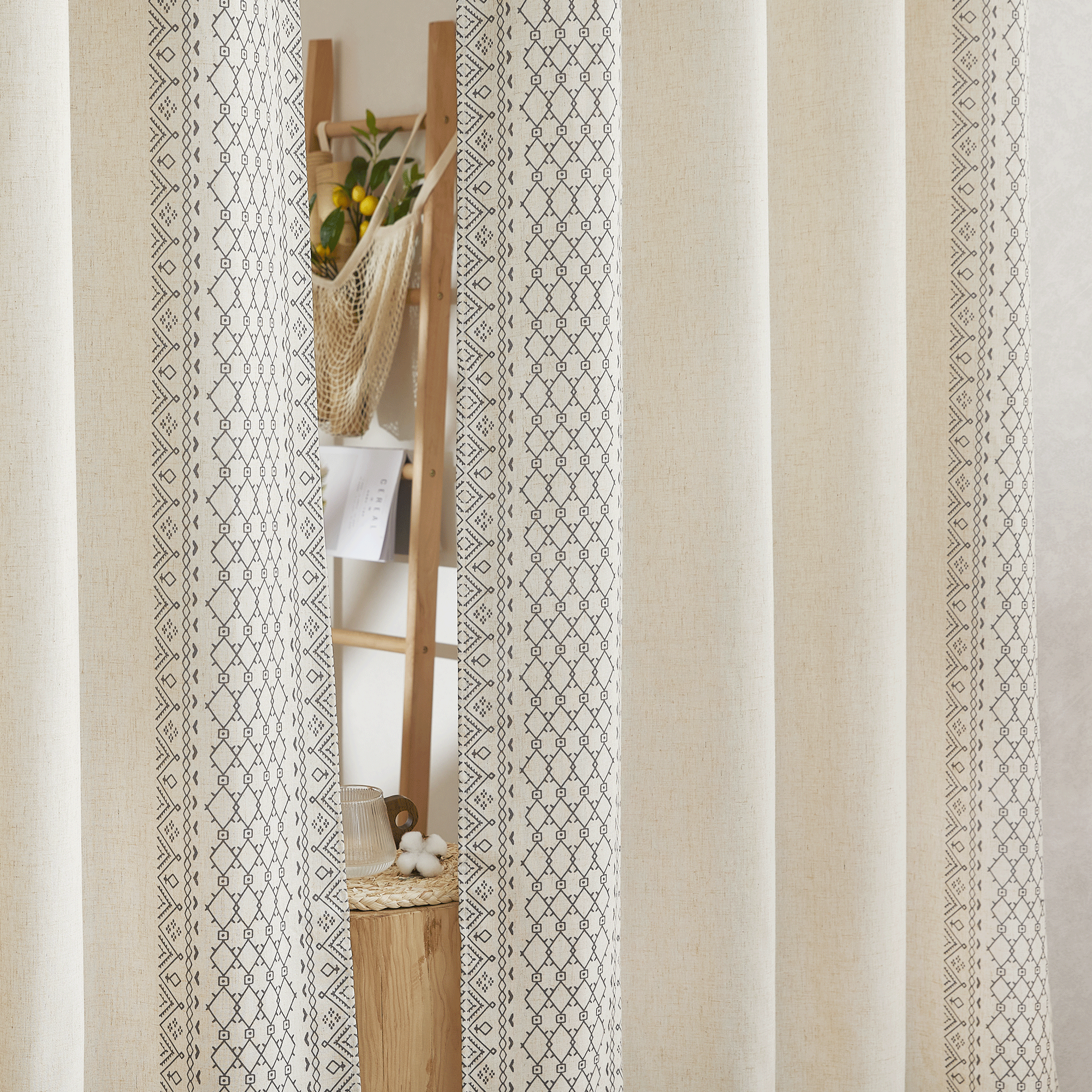Grommet Top Embroidered Geometric Bordered Thick Faux Linen Curtains for Bedroom/Living Room KGORGE Store