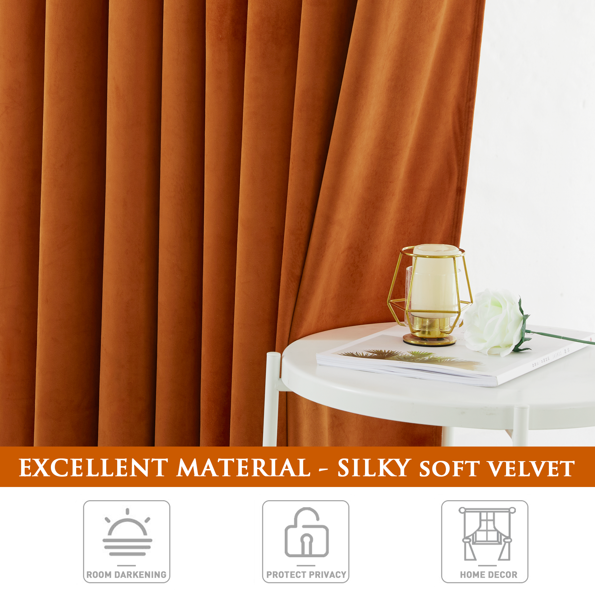 Silky soft, pleated burnt orange velvet blackout curtains for living room & bedroom, providing excellent room darkening & privacy.