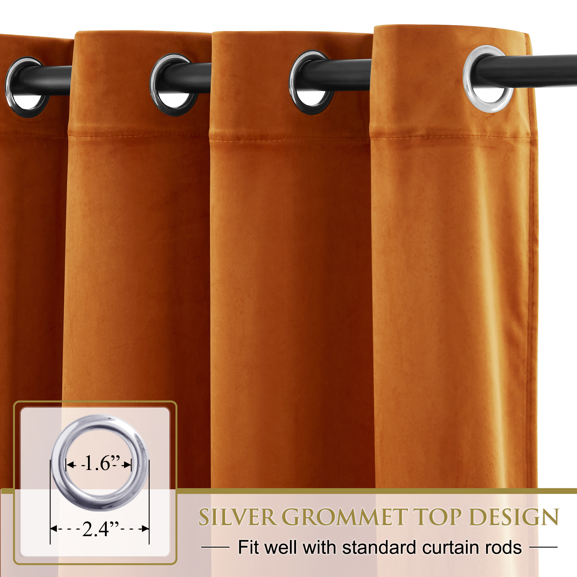 Plush orange velvet blackout curtain, showcasing silver grommet top for easy hanging on standard living room or bedroom curtain rods.