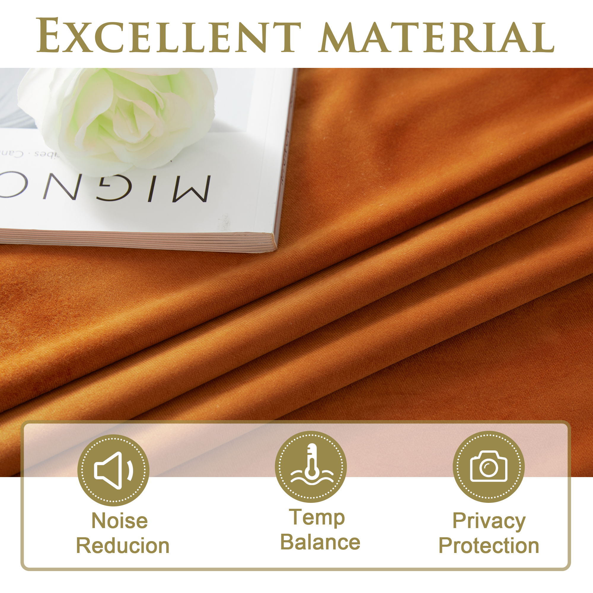 Close-up of rich orange velvet blackout curtain fabric, showcasing its texture & performance for noise reduction, temp balance, privacy.