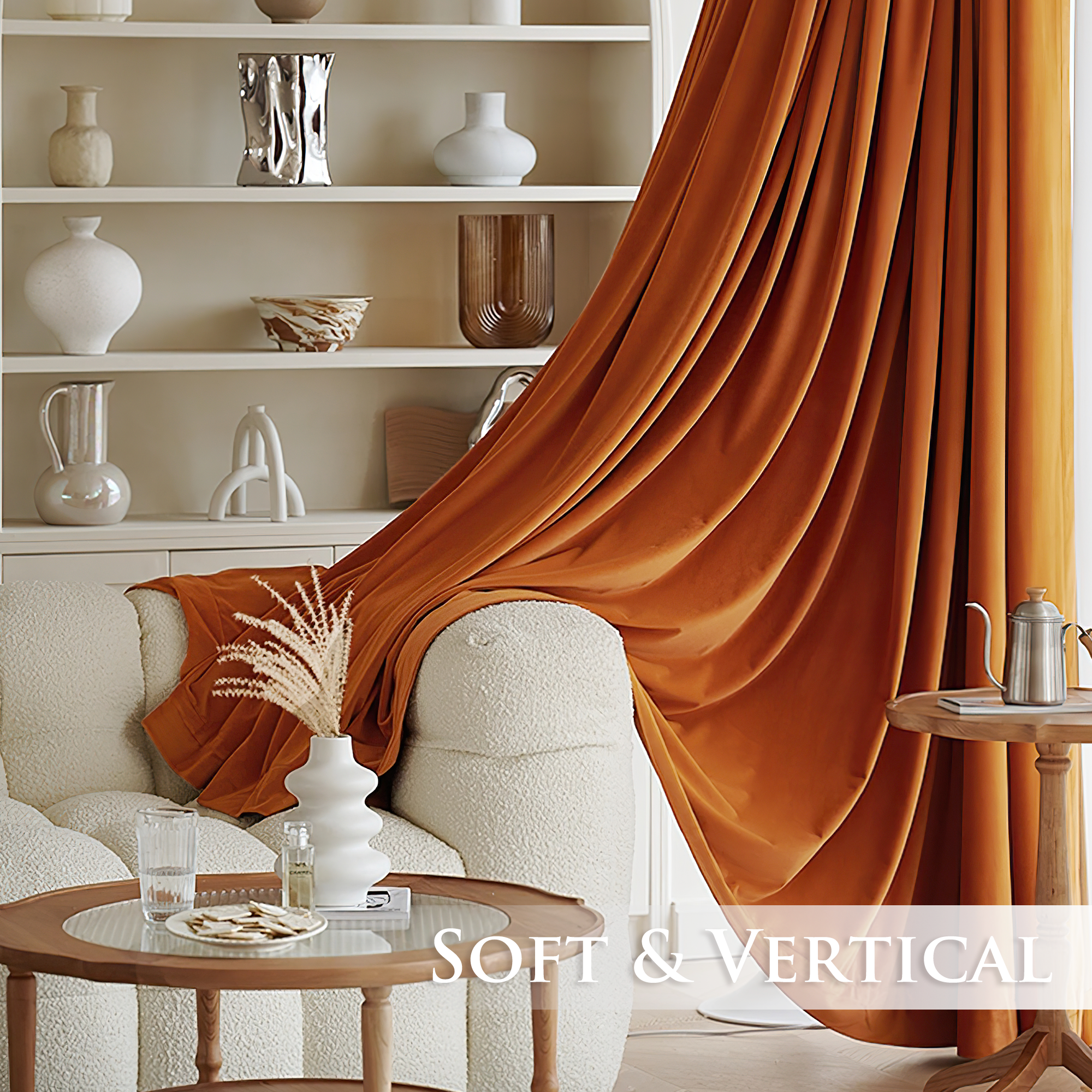 Rich rust orange velvet blackout curtain panel beautifully draped, adding warmth and elegance to a living room or bedroom.