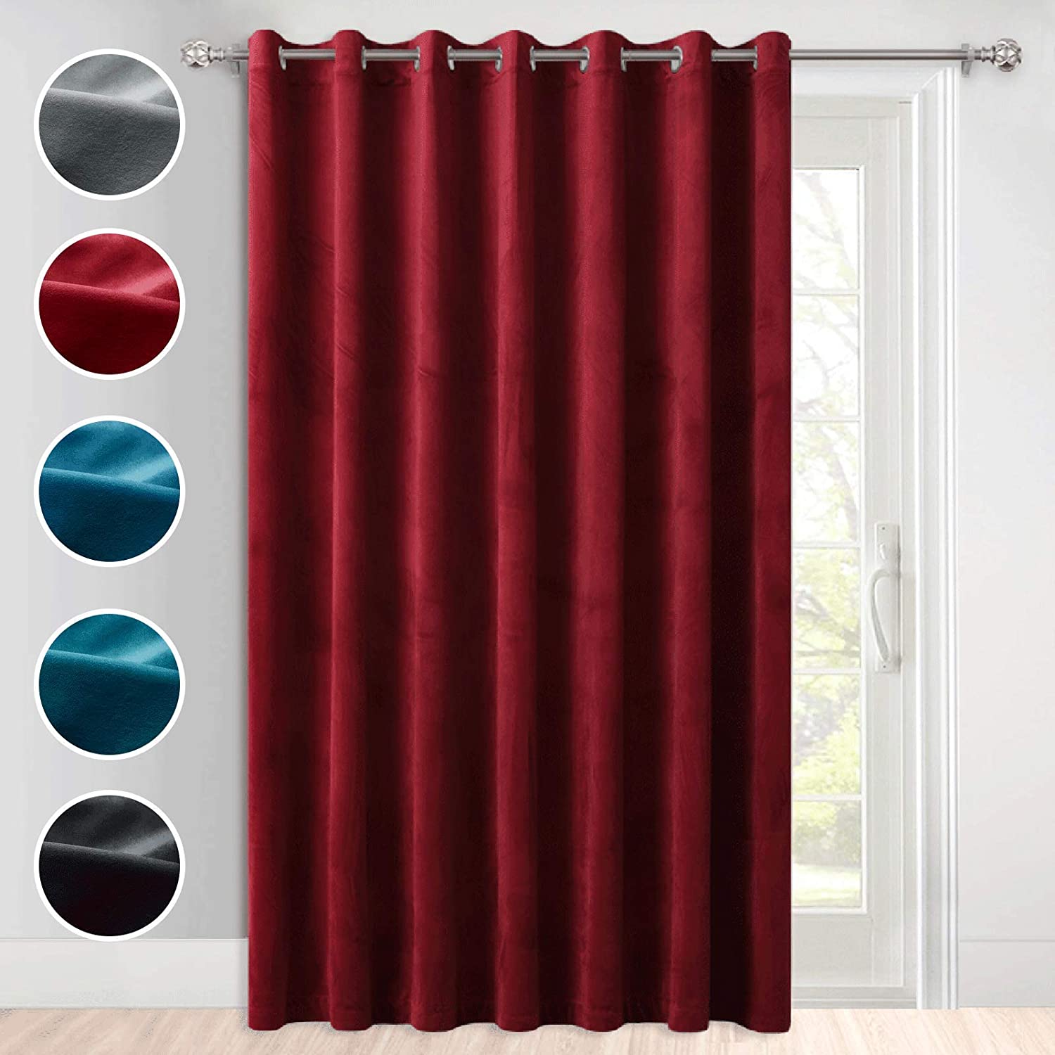 Rich burgundy velvet blackout curtain with silver grommet top, a 100-inch wide panel for sliding glass doors in living rooms. Color swatches displayed.