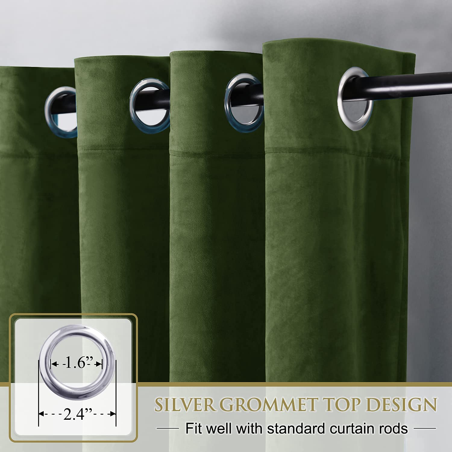 Olive green velvet blackout curtains with silver grommet top design, hanging on a rod, emphasizing grommet dimensions for privacy.