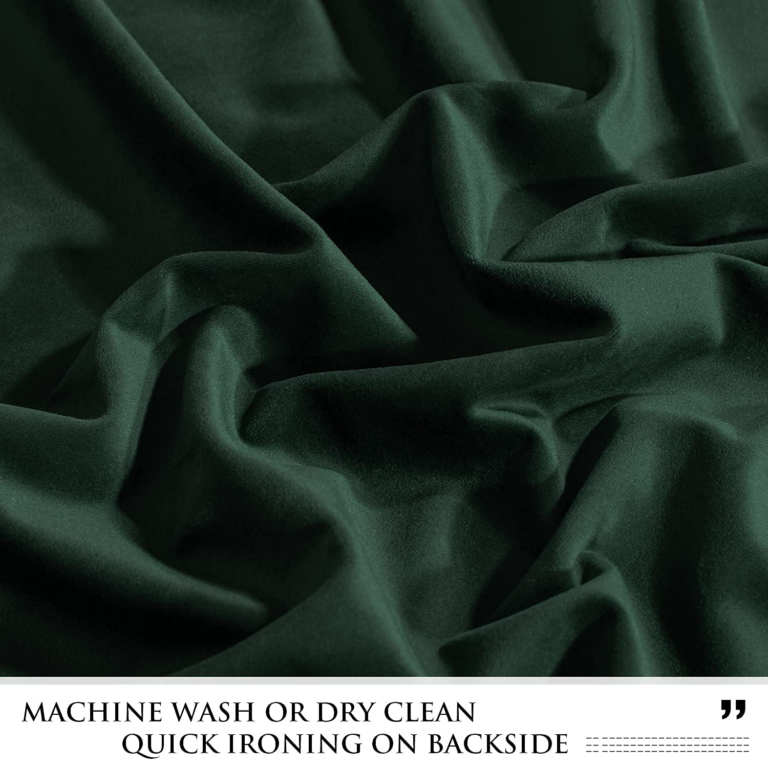 Rich dark green velvet blackout curtain fabric detail, showing soft texture for bedroom & living room privacy & style.