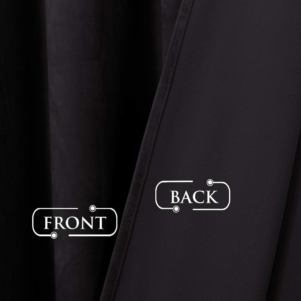 Close-up of black velvet blackout curtain fabric, highlighting soft front texture & smooth light-blocking back layer.