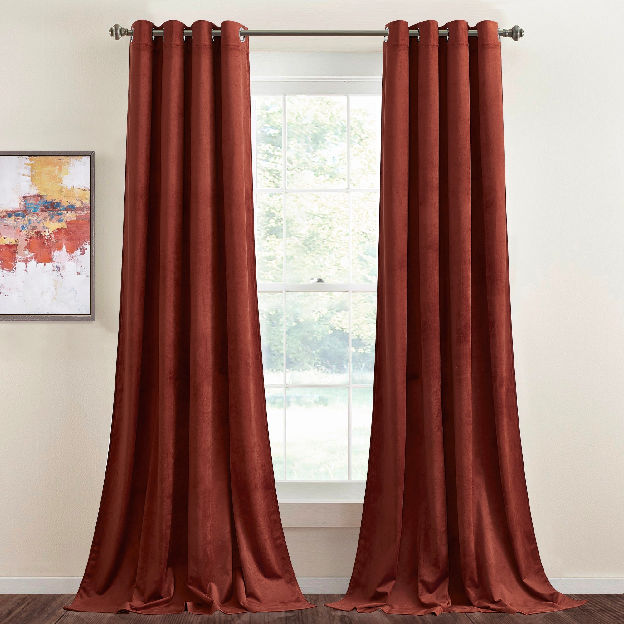 Two rust velvet grommet blackout curtain panels on a rod, partially open, for living room or bedroom privacy.