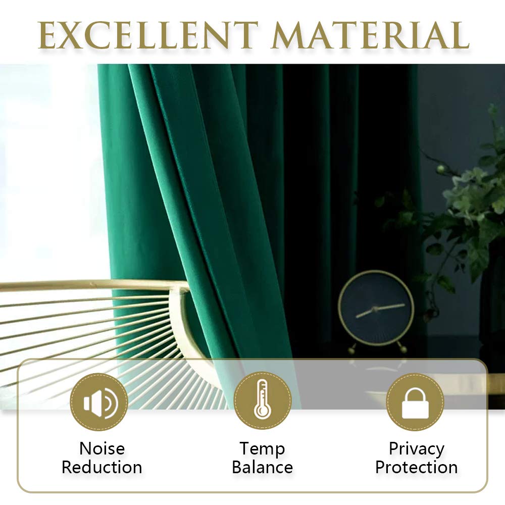 Dark emerald green velvet blackout curtain showcasing noise reduction, temperature balance, & privacy protection.
