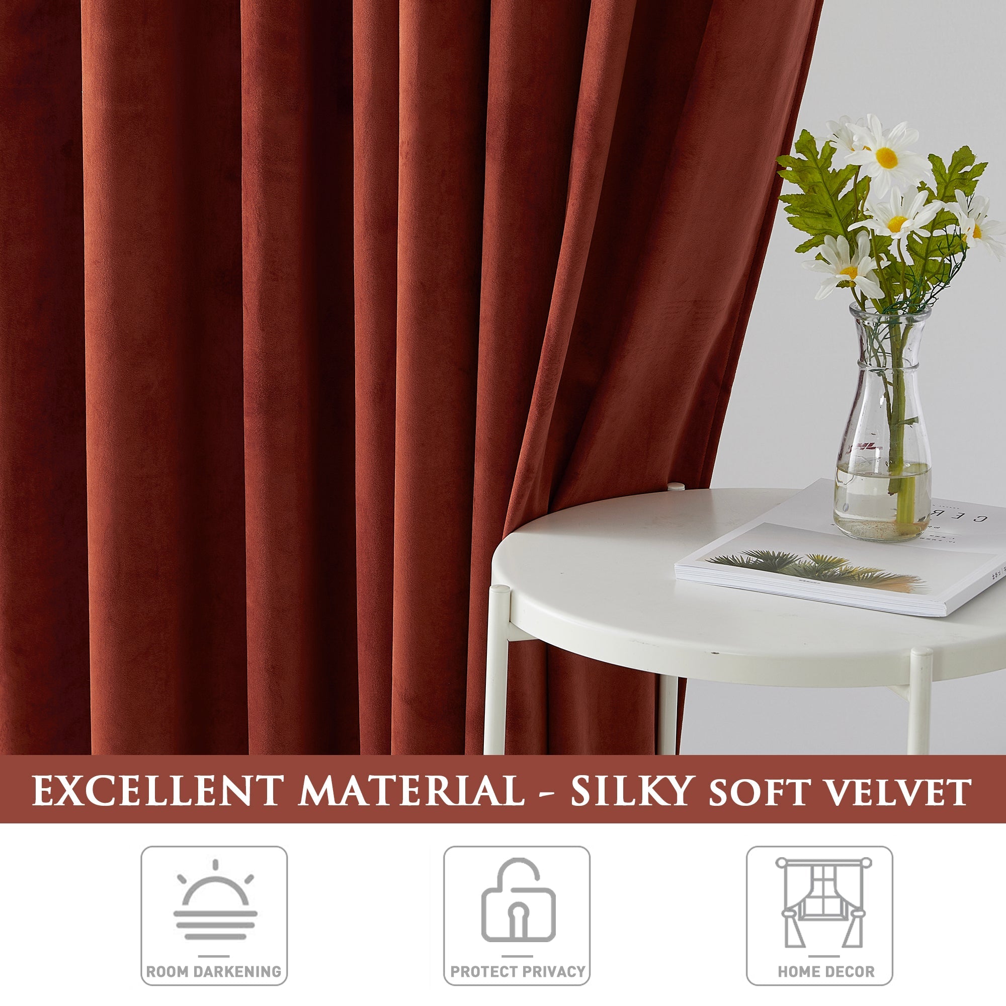Silky soft rust velvet blackout curtain panel, showcasing rich pleats and plush texture for privacy in bedroom or living room settings.