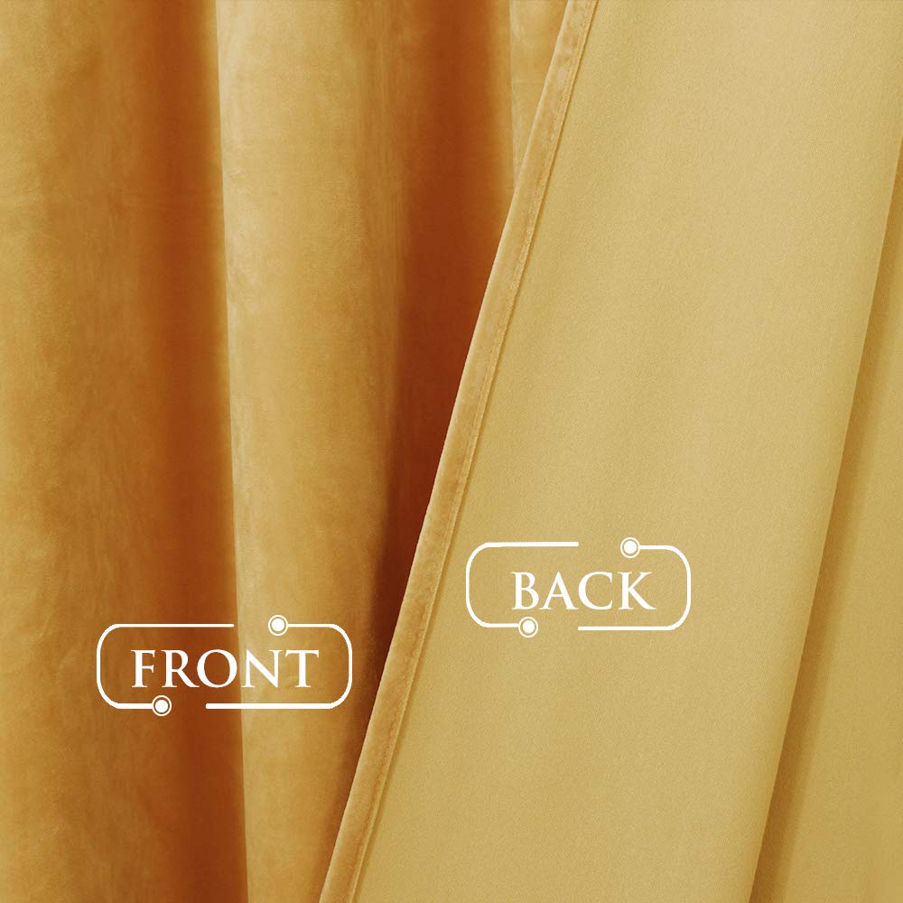 View of gold velvet blackout curtain, detailing plush front texture & smooth back for bedroom & living room privacy protection.