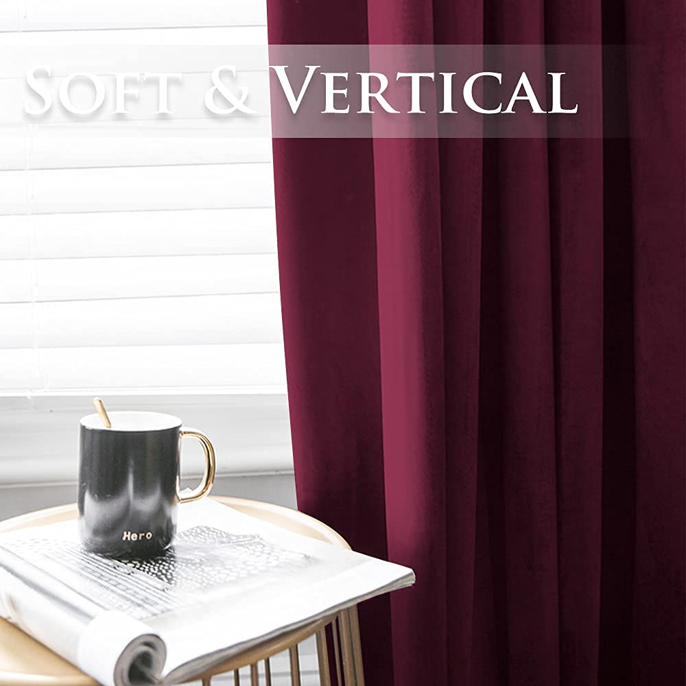 Soft, vertical burgundy velvet blackout curtain panel offering privacy and light protection for bedroom or living room.
