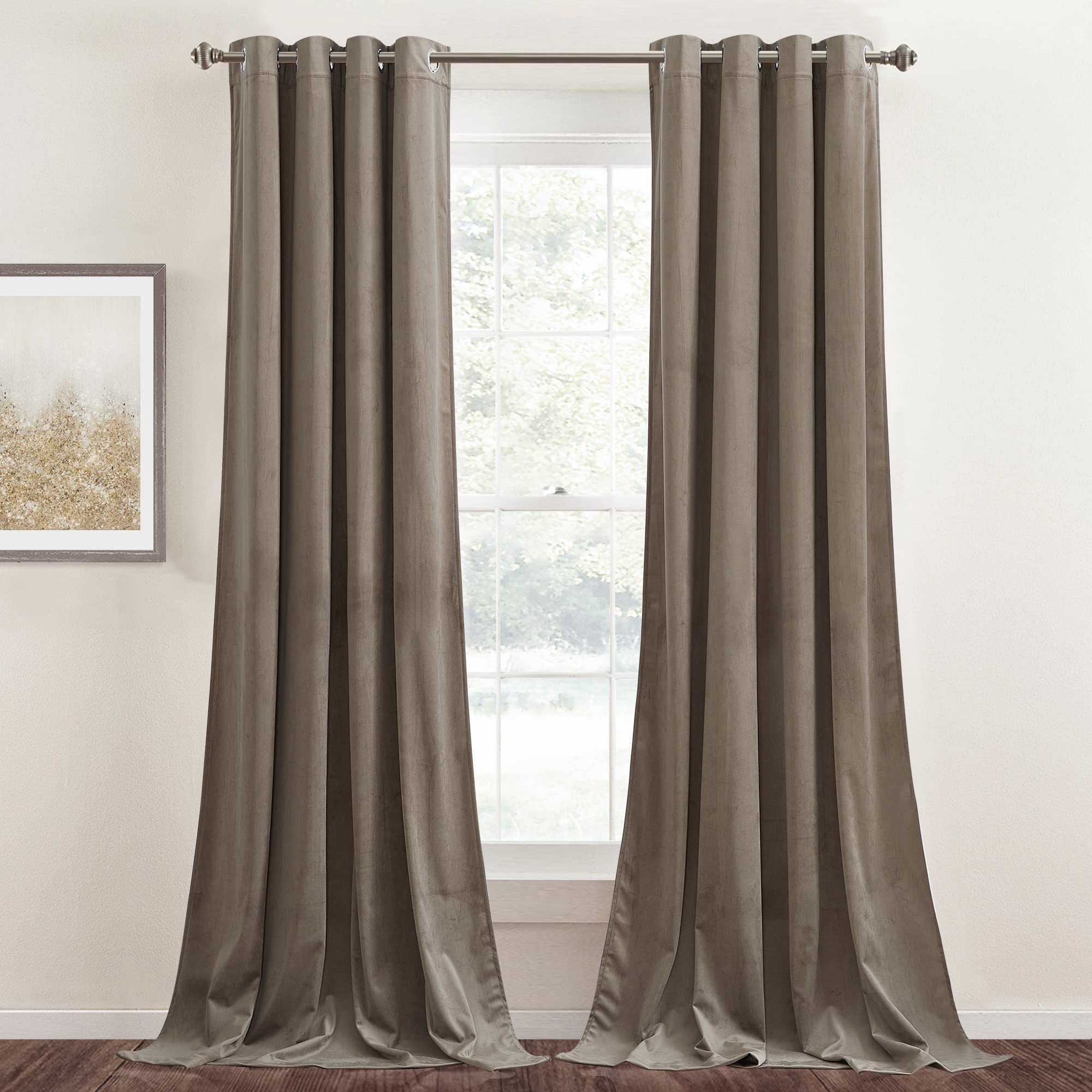 Luxurious taupe grommet velvet blackout curtains (2 panels) for bedroom & living room privacy and light control.