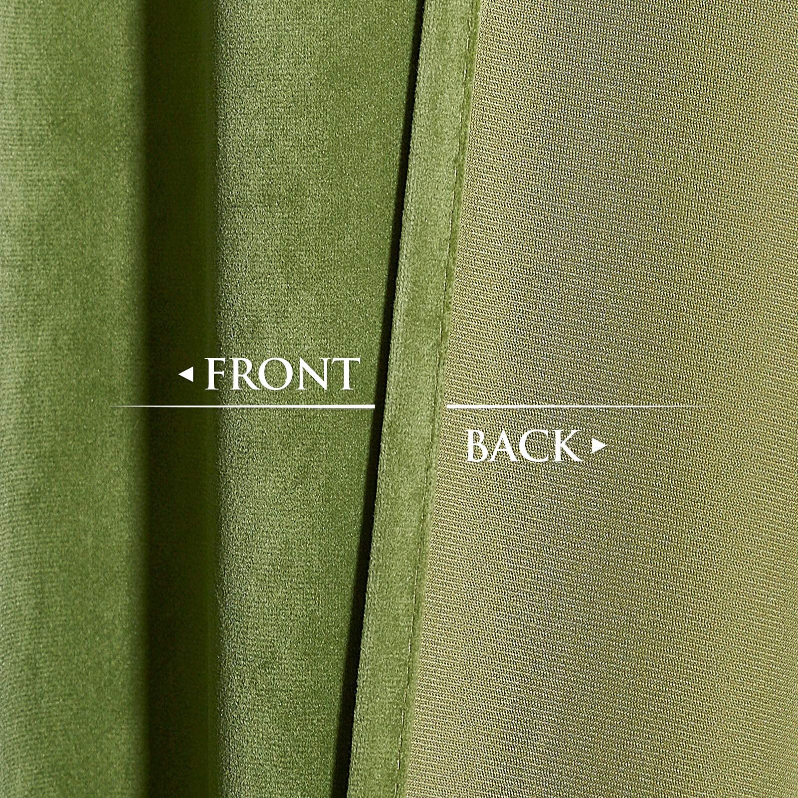 Close-up of green velvet blackout curtain fabric, showing plush front texture and woven back for privacy and light blocking.