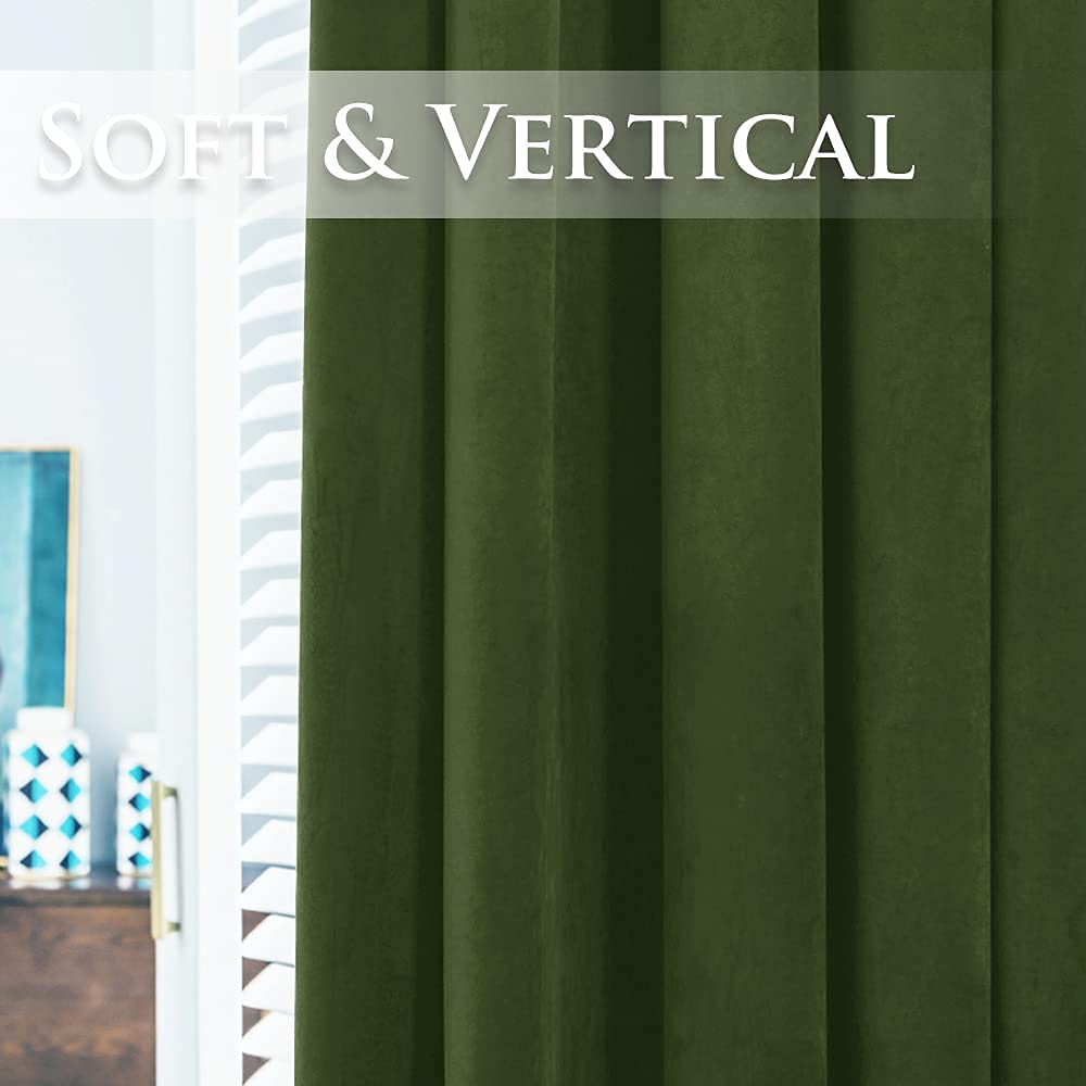 Soft, vertically draped deep green velvet blackout curtain, highlighting its luxurious texture. Ideal for bedroom & living room privacy.