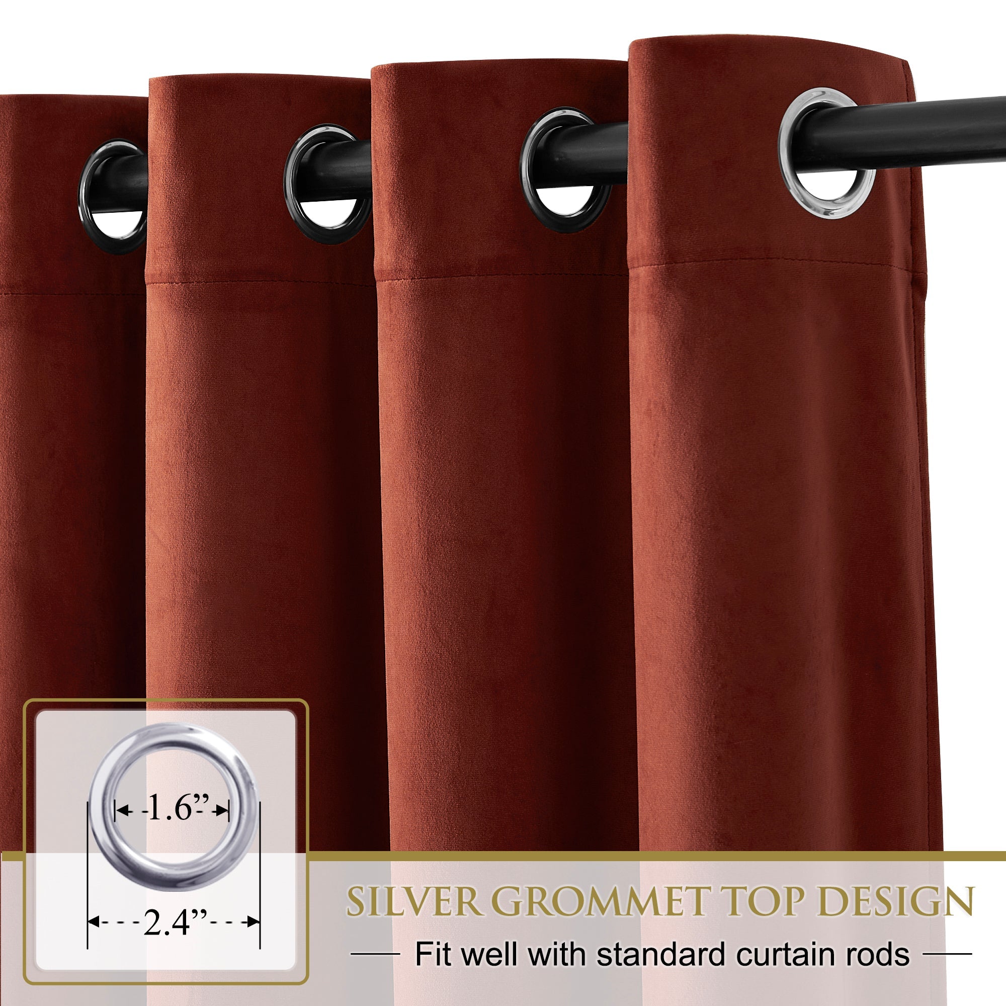 Close-up of terracotta velvet blackout curtains with silver grommet tops hanging on a black rod, highlighting 1.6" inner diameter.