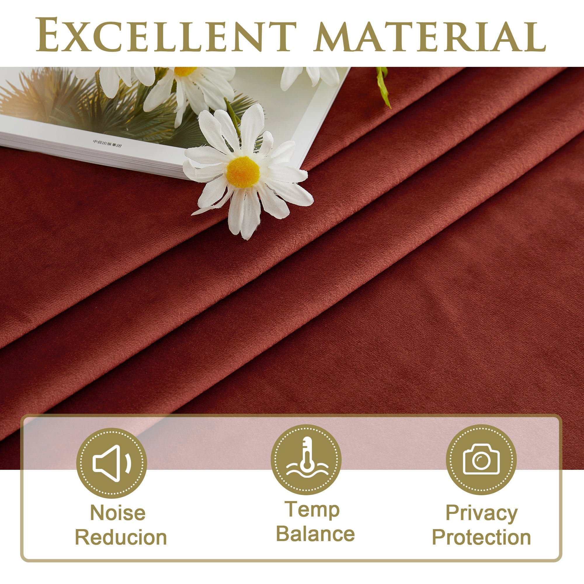 Close-up of plush reddish-brown velvet blackout curtain fabric, highlighting noise reduction, temperature balance, and privacy features.