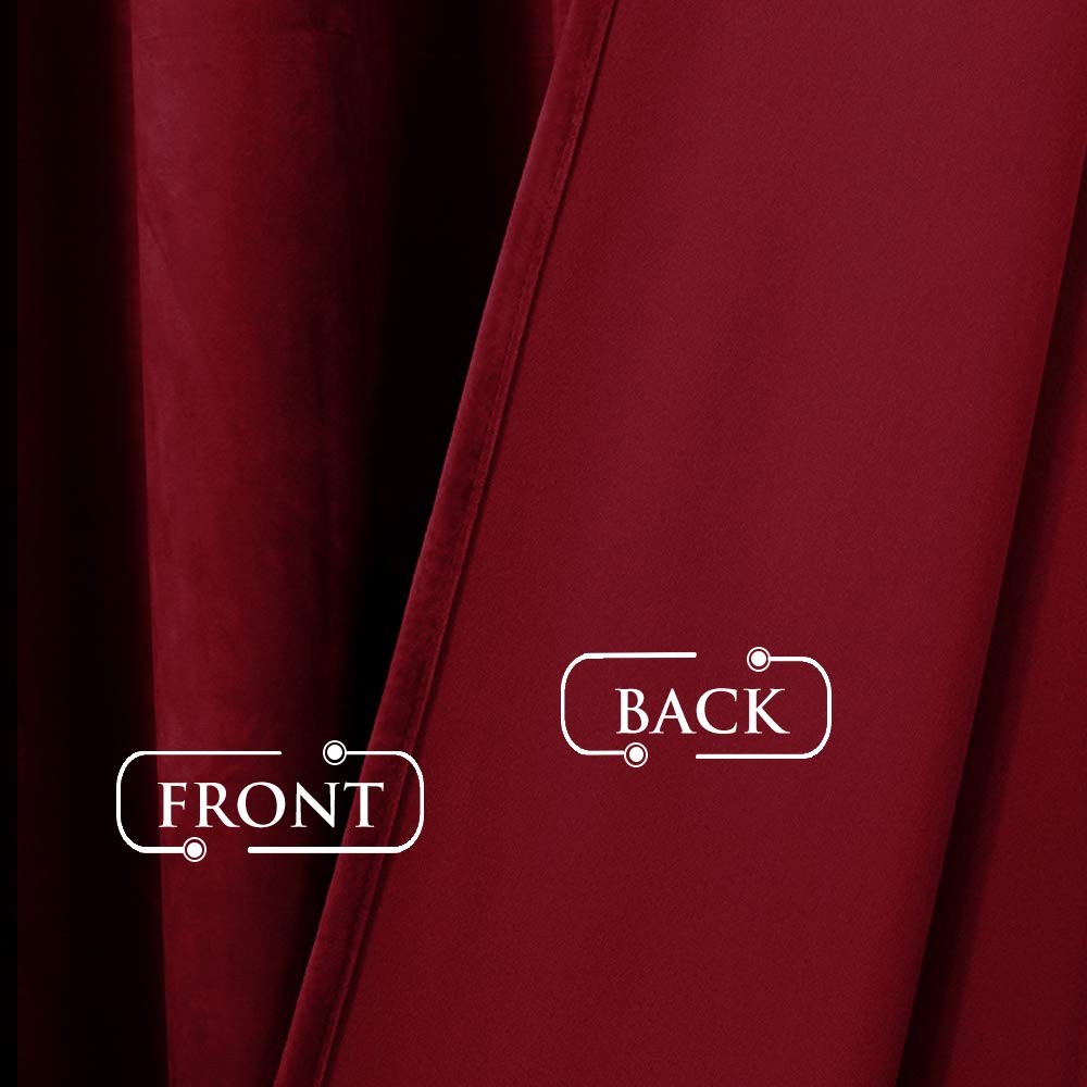 Close-up of deep red velvet blackout curtain fabric, showing the front and back textures for privacy protection.