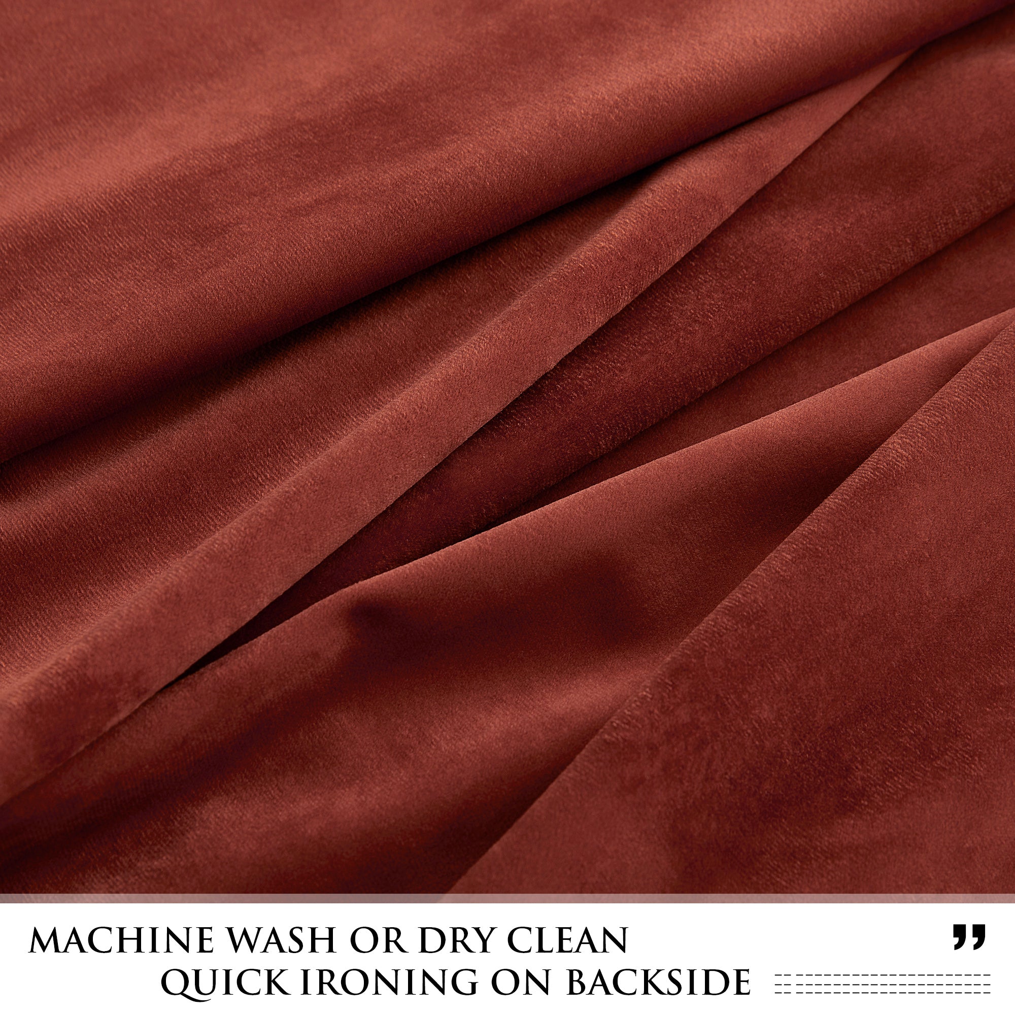 Lush folded terracotta velvet blackout curtain fabric, showcasing its soft texture, ideal for bedroom and living room privacy.