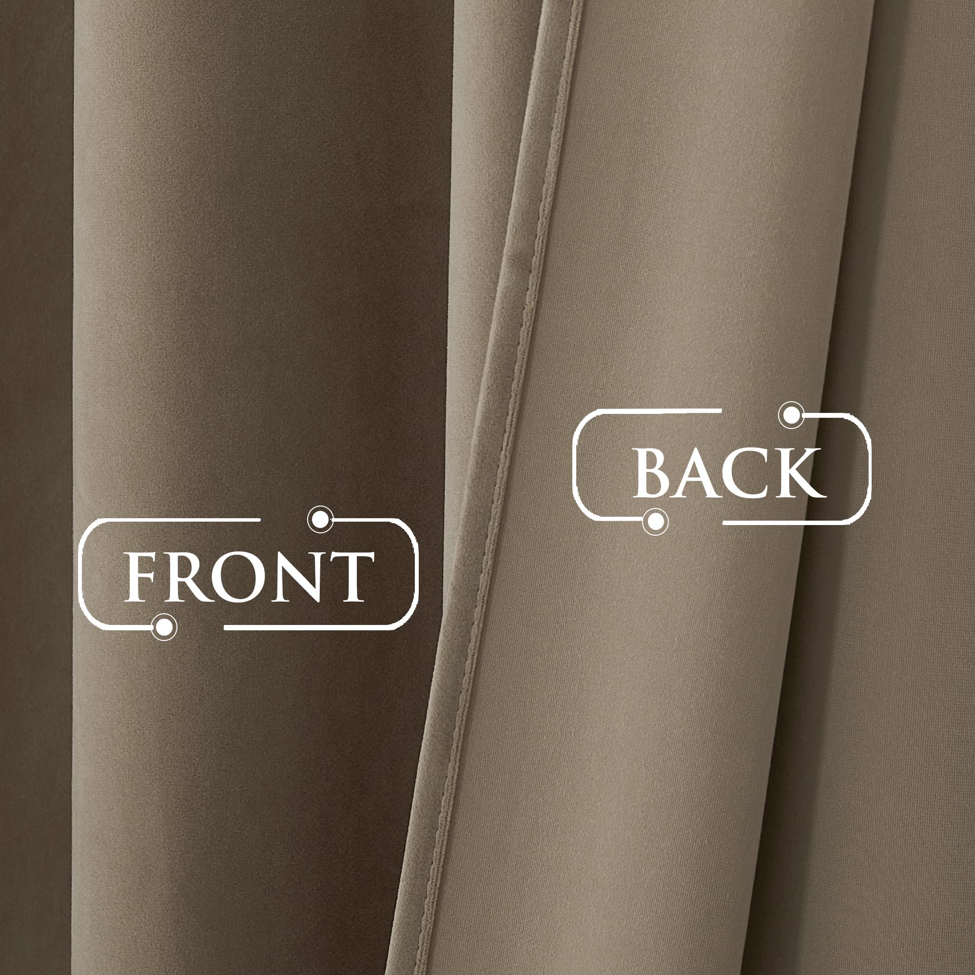 Close-up of rich brown velvet blackout curtain front fabric texture compared to the smooth, lighter, insulating back for privacy.