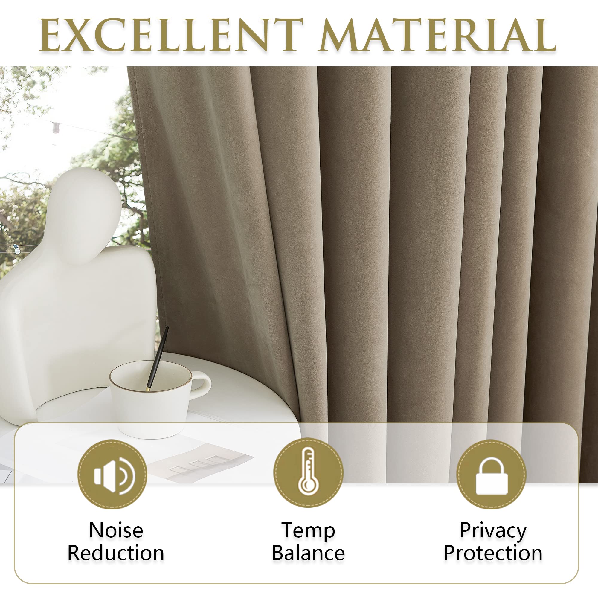 Taupe velvet blackout curtain fabric with icons for noise reduction, temperature balance, and privacy protection. Ideal for bedroom & living room.
