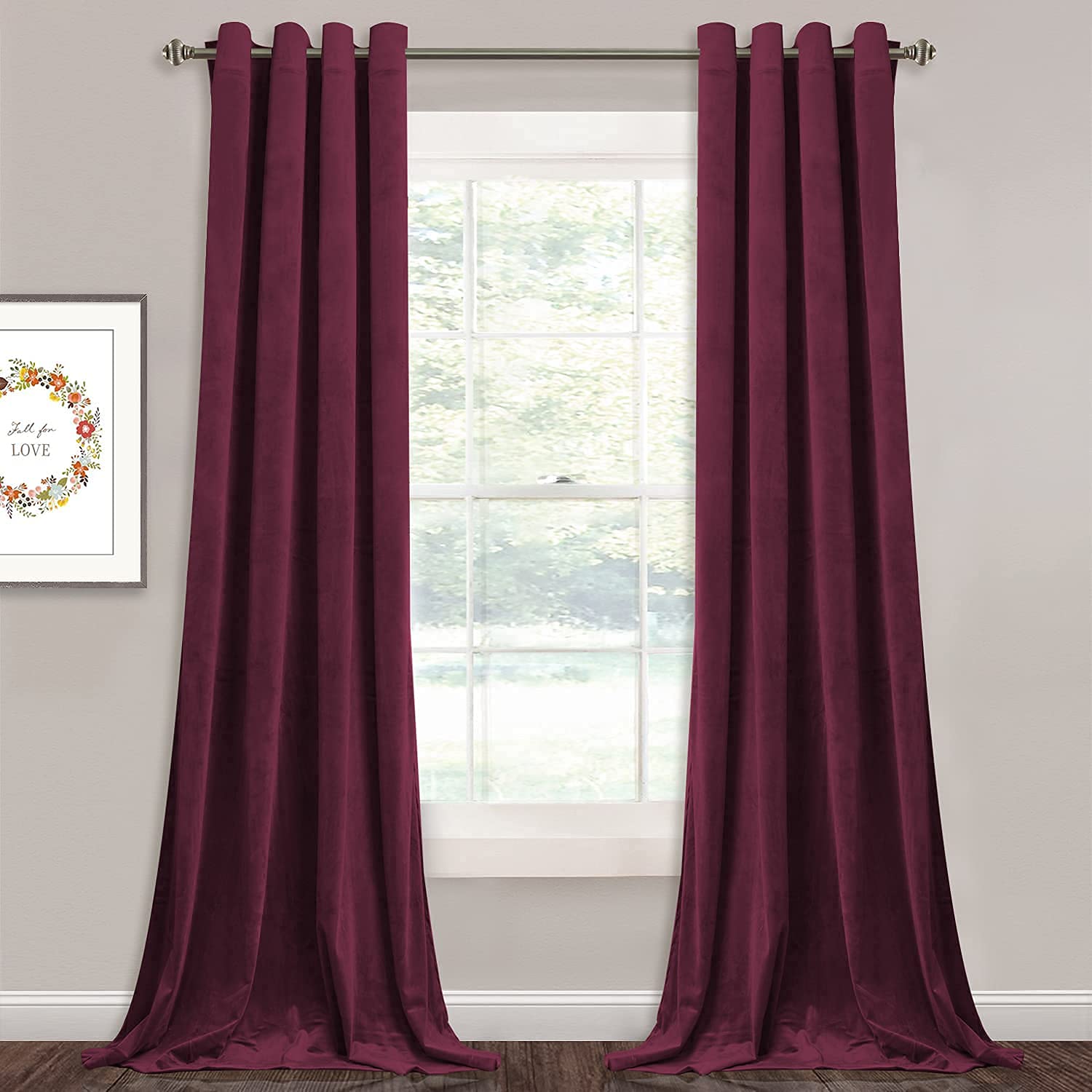 Plush burgundy velvet grommet blackout curtains (2 panels) providing privacy and light control for bedroom/living room.
