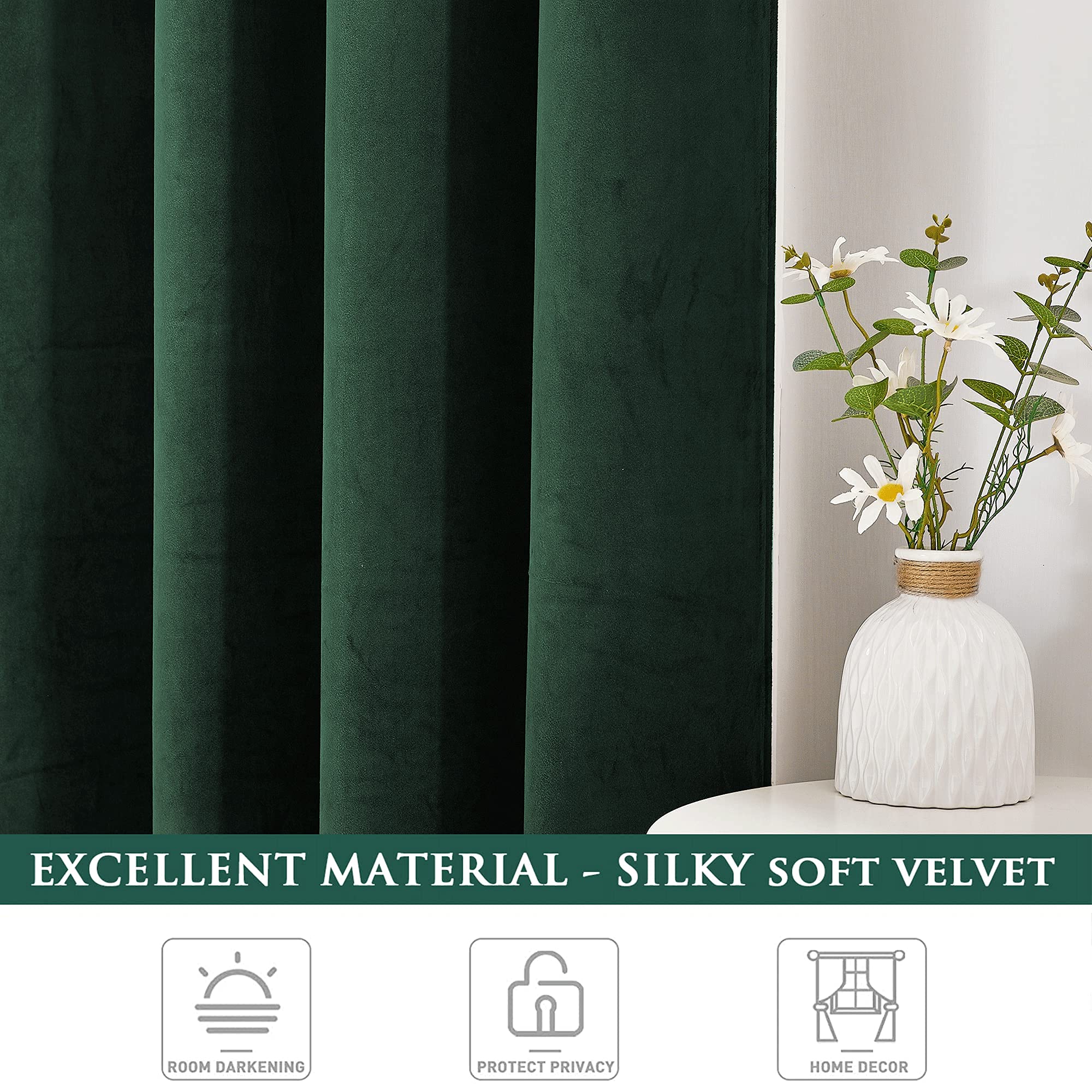 Rich dark green velvet blackout curtain fabric with soft folds. Ideal for bedroom & living room privacy, room darkening & home decor.