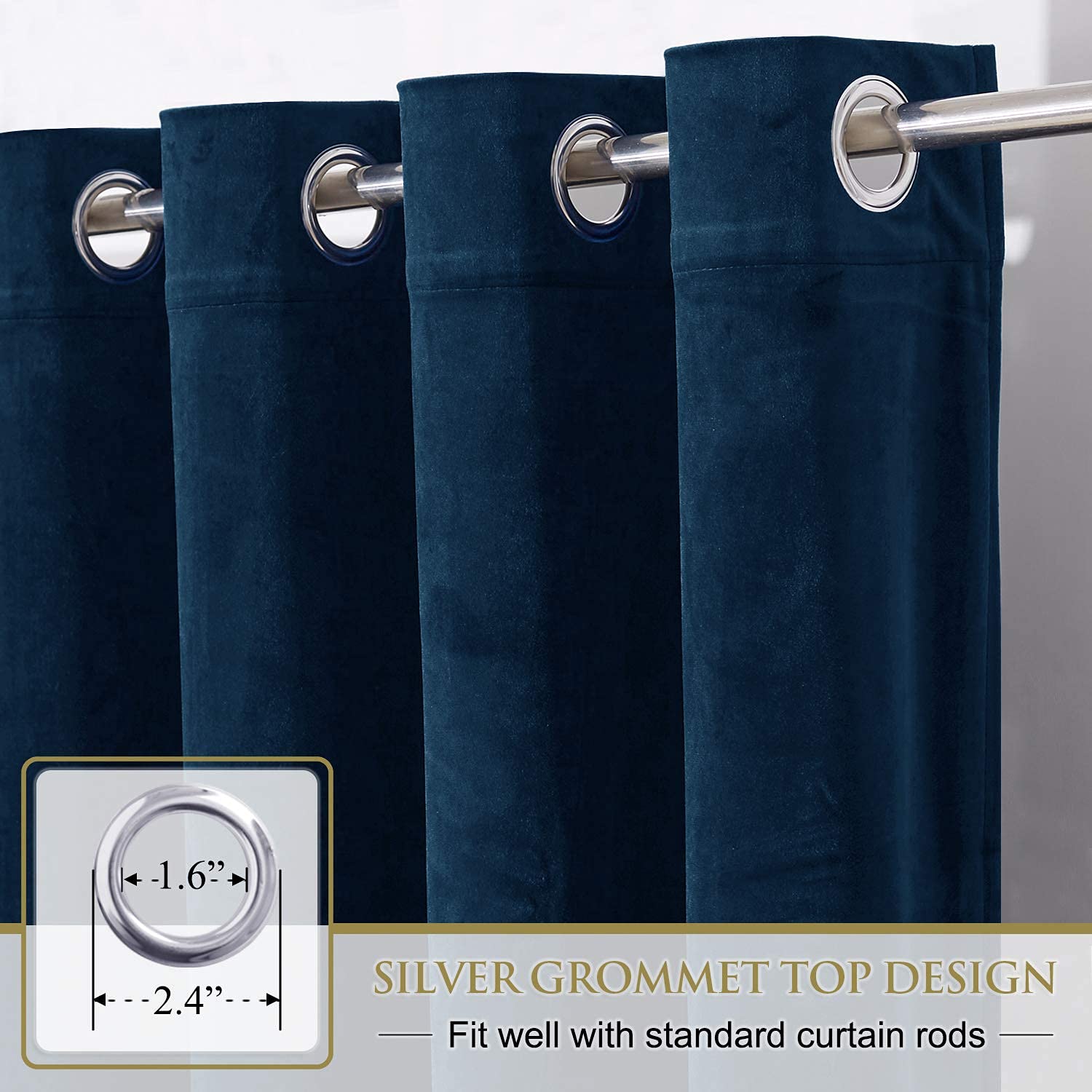 Close-up of navy velvet blackout curtains with silver grommet top, 1.6 inch inner diameter, fitting standard rods for bedroom privacy.