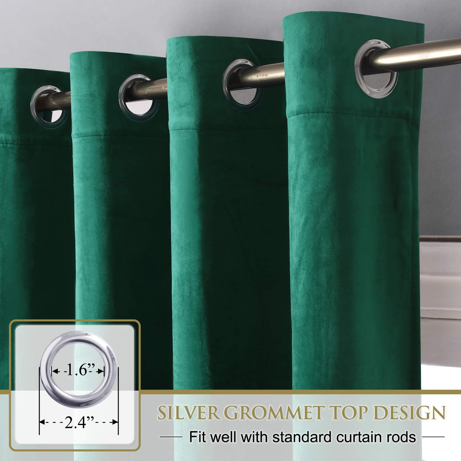 Grommet top dark green velvet blackout privacy curtains, with silver rings on a rod, showcasing the ideal fit for bedroom and living room.