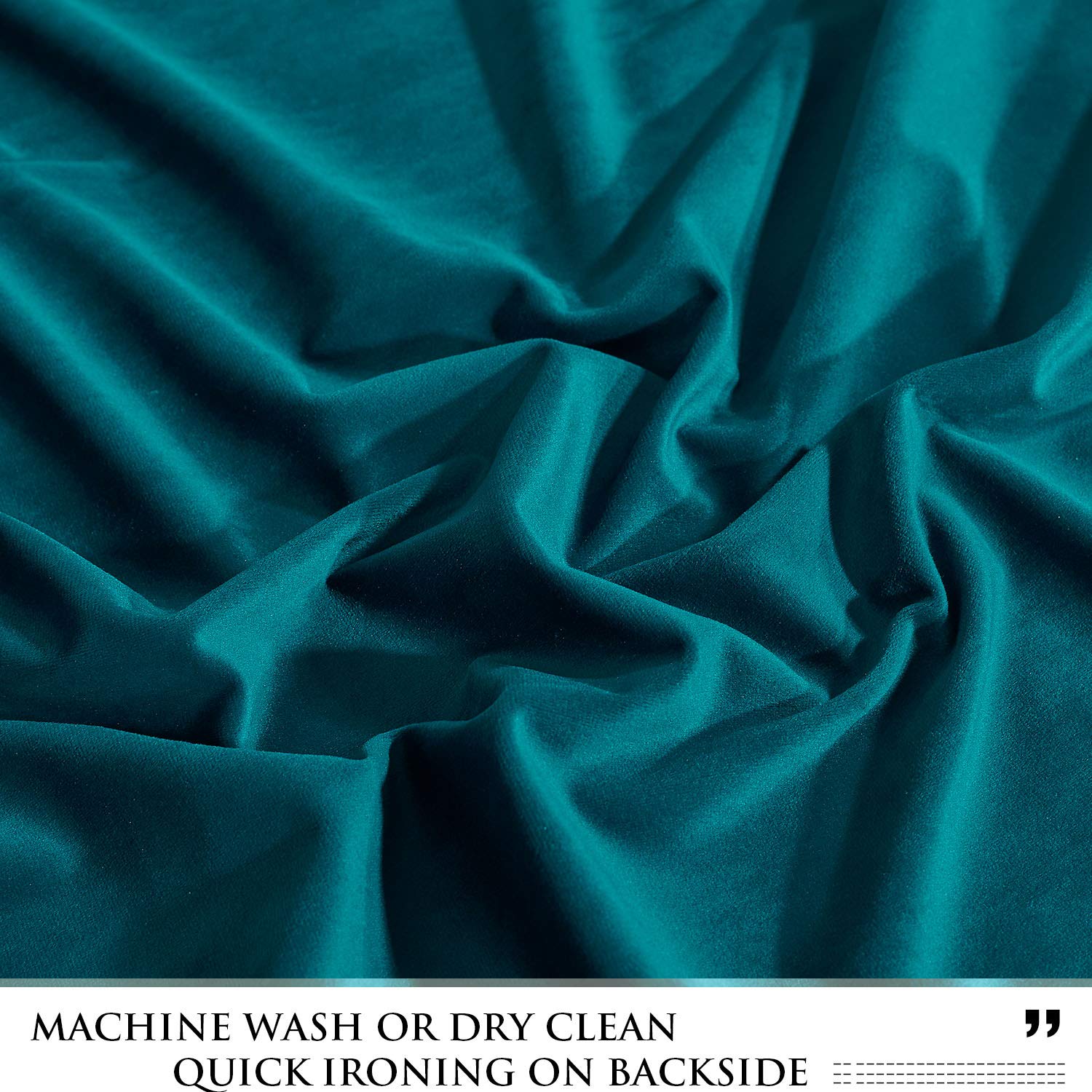 Close-up of rich dark teal velvet fabric, highlighting its soft texture, perfect for privacy blackout curtains.