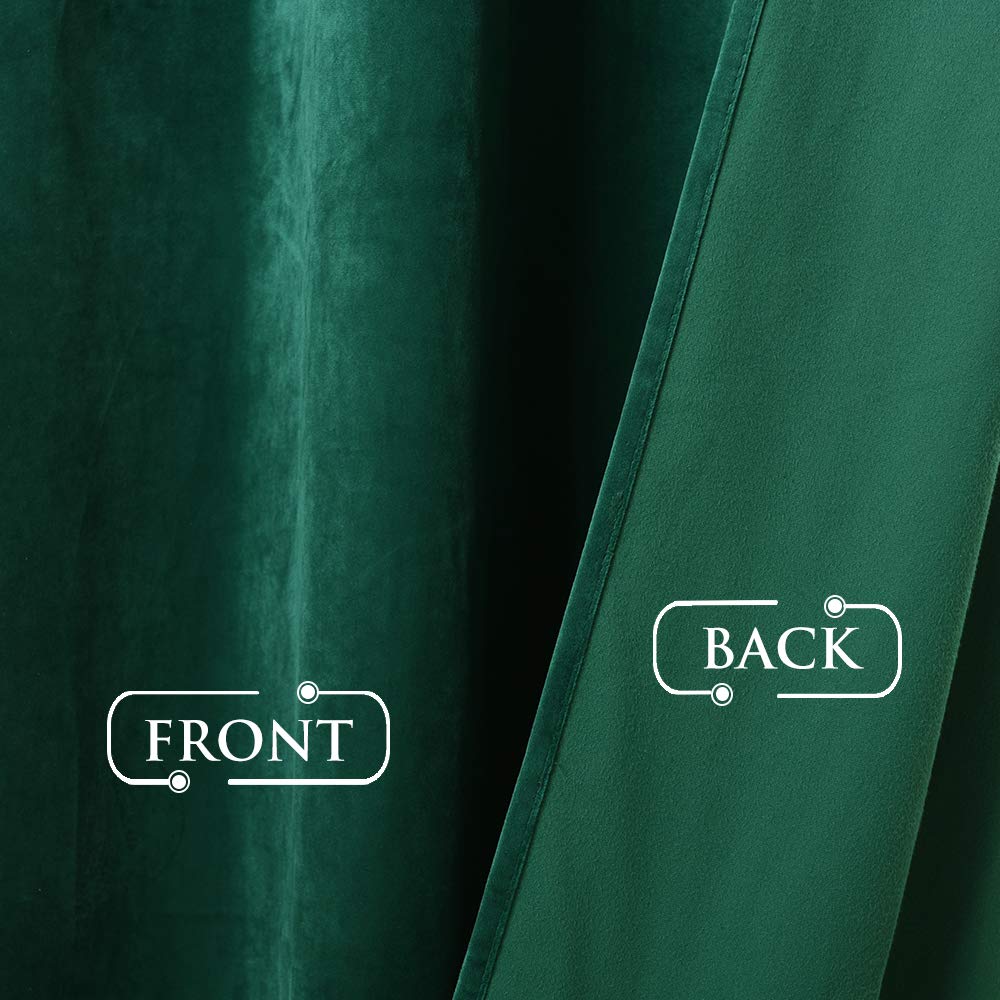 Dark green velvet blackout curtain, showcasing plush front and smooth, privacy-protecting back fabric texture for bedrooms & living rooms.