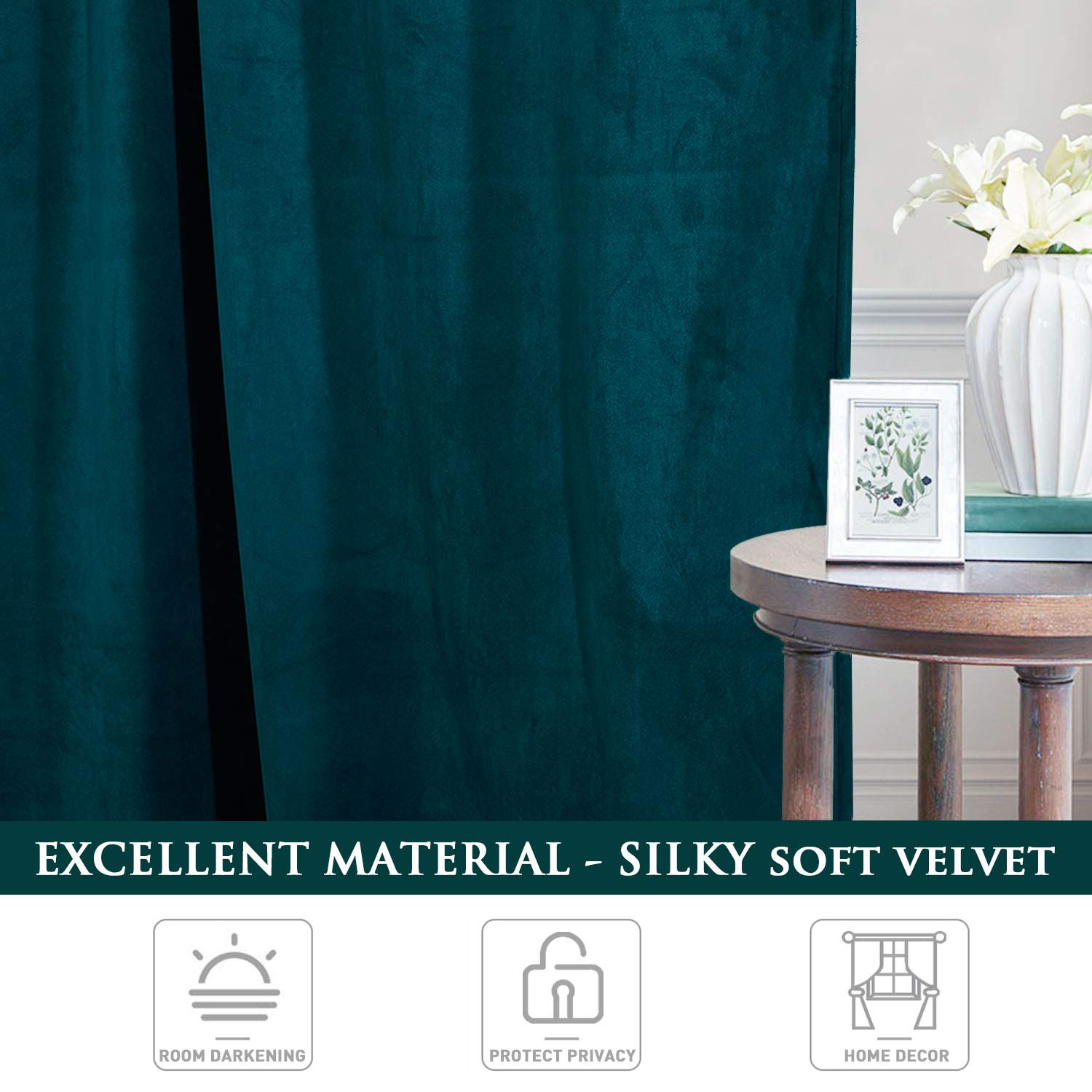 Luxurious teal velvet blackout curtain, showcasing silky soft material for privacy, room darkening, and elegant home decor.