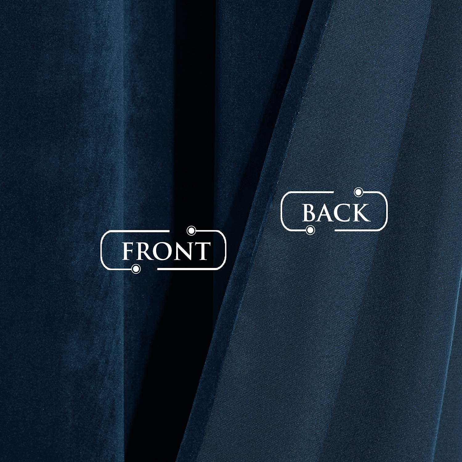 Rich dark blue velvet blackout curtain fabric showing textured front for living room decor & smooth back for privacy protection.
