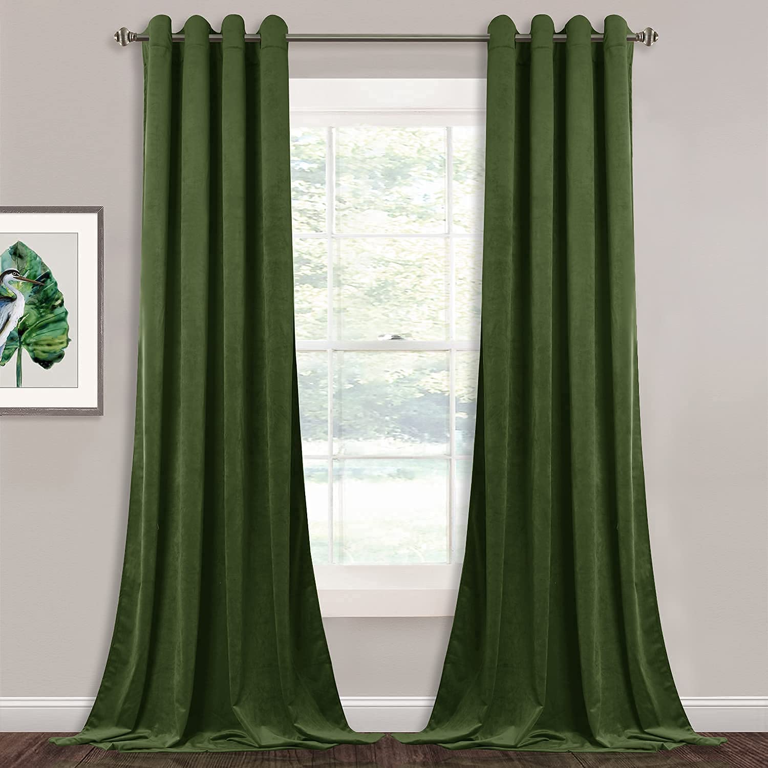 Deep green velvet grommet blackout curtains, 2 panels, providing privacy for a bedroom or living room window.