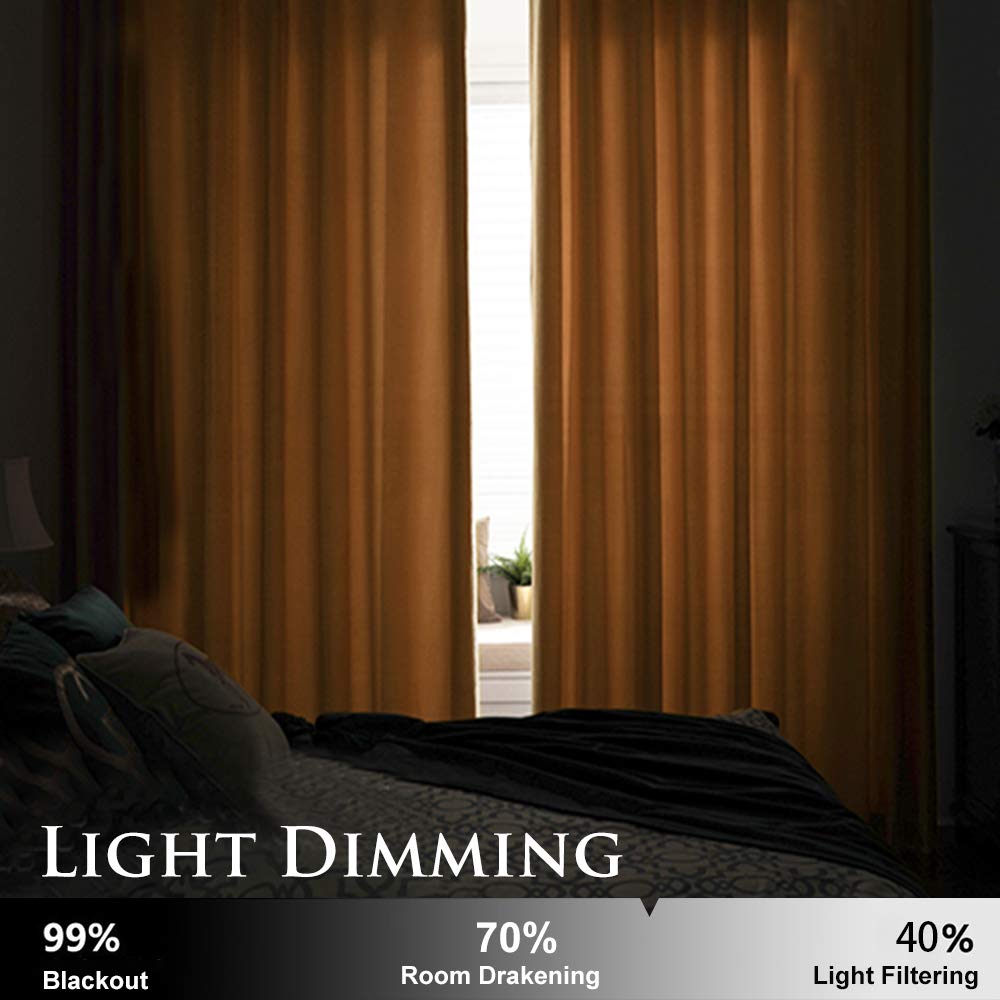 Luxurious brown velvet blackout curtains partially drawn in a bedroom, demonstrating superior light dimming & 99% privacy protection.