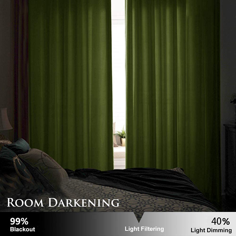 Dark green velvet blackout curtains in a dim bedroom, showcasing effective room darkening and privacy with minimal light filtering.