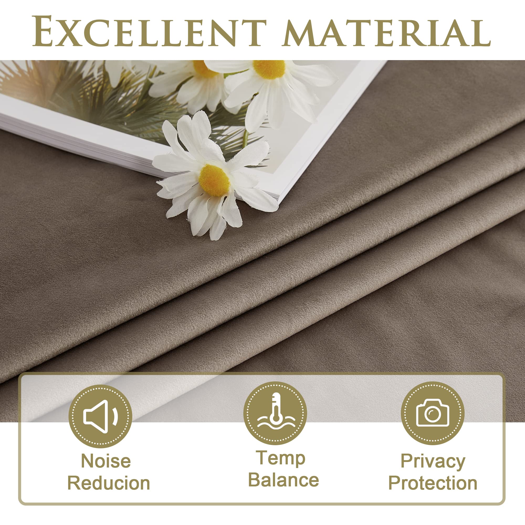 Folded brown velvet fabric sample highlighting its noise reduction, temperature balance, and privacy protection features for blackout curtains.