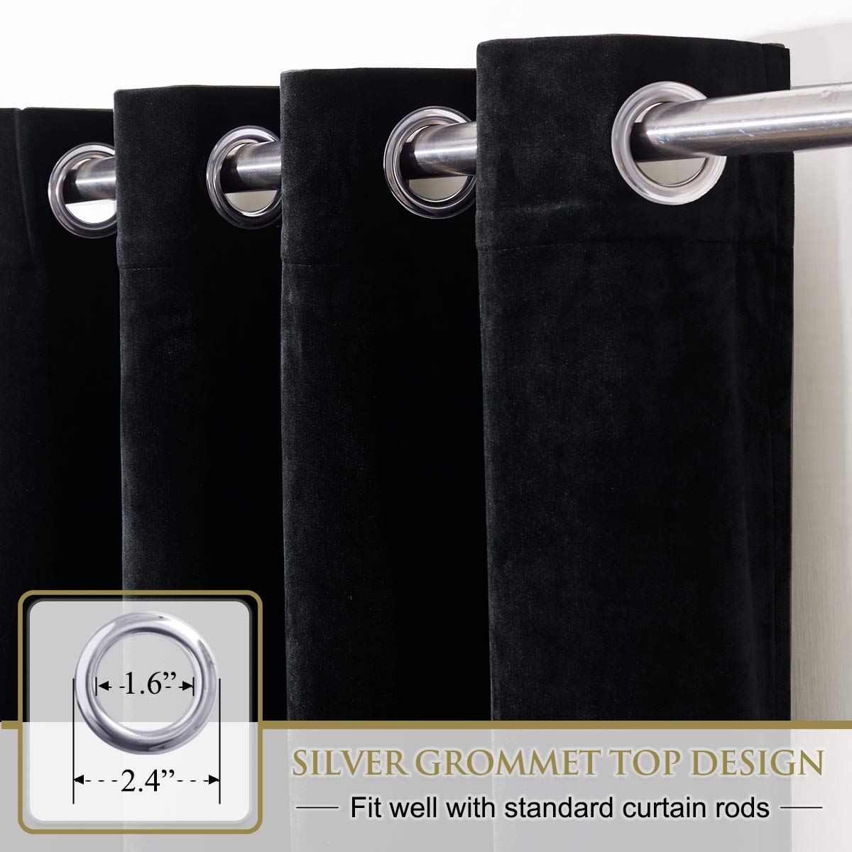 Close-up of black velvet blackout curtains with silver grommet top design, fitting standard curtain rods for bedroom & living room privacy.