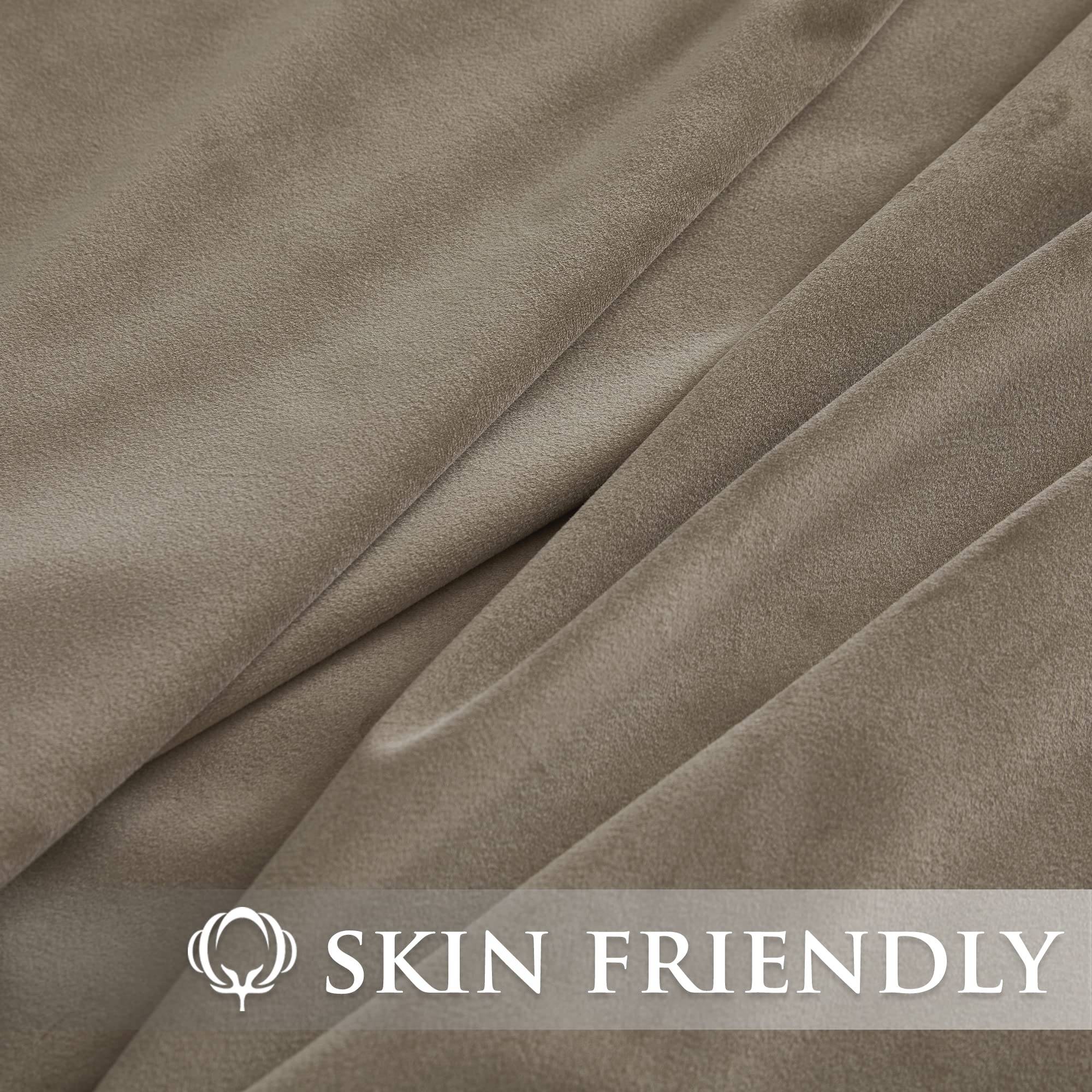 Skin-friendly beige velvet fabric, subtly textured and folded, ideal for privacy protect blackout curtains in bedroom or living room.