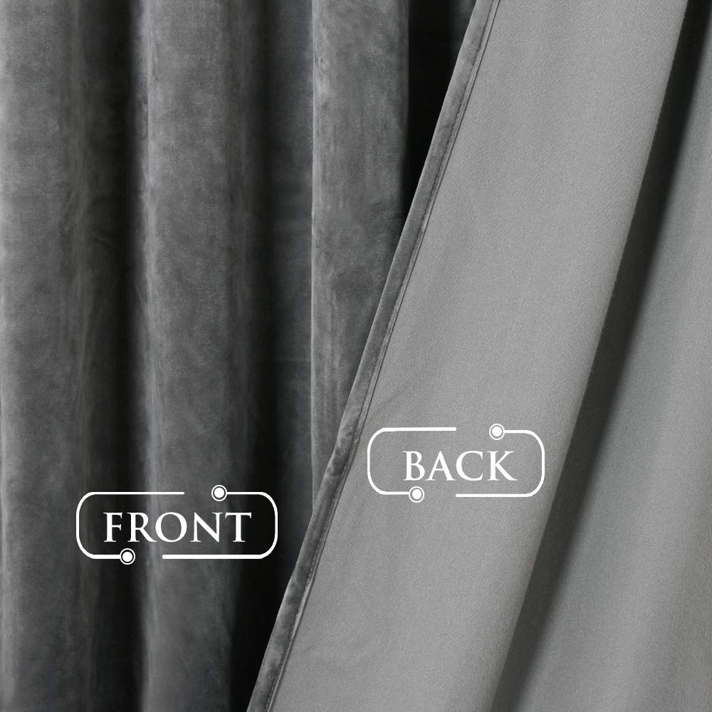 Close-up of a dark grey velvet blackout curtain, showcasing the soft, plush front texture and smooth, privacy-protecting back lining.