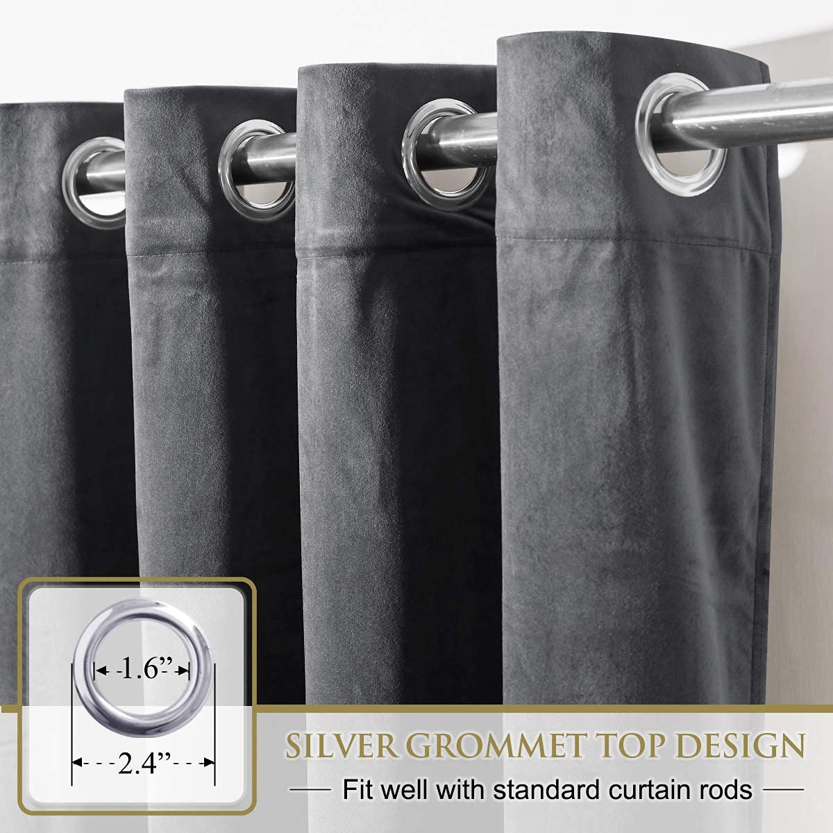 Close-up of dark grey velvet blackout curtains with silver grommet top design on a standard curtain rod for bedroom privacy.