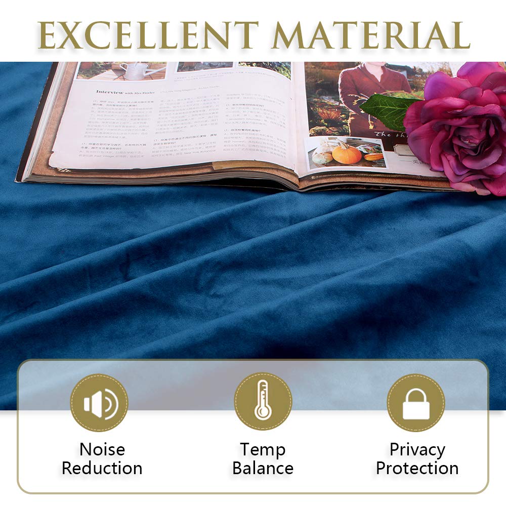 Luxurious teal velvet blackout curtain fabric detail, highlighting noise reduction, thermal insulation, and privacy protection.