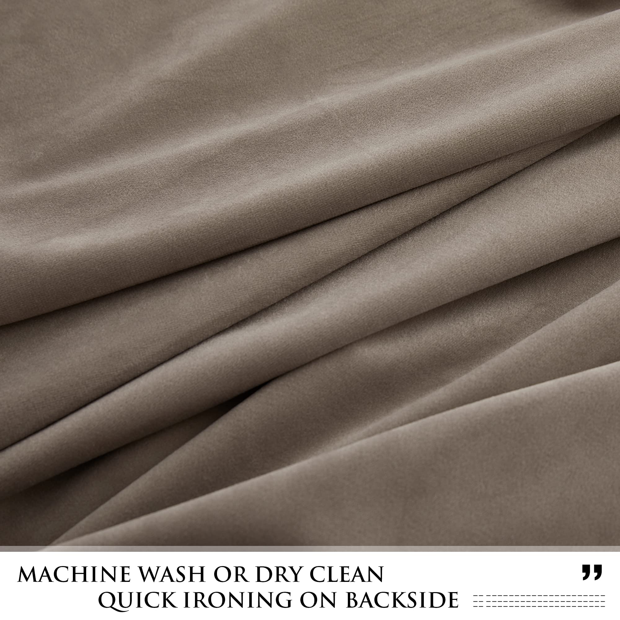 Plush taupe velvet curtain fabric close-up, showcasing its soft texture and elegant folds, perfect for bedroom and living room decor.