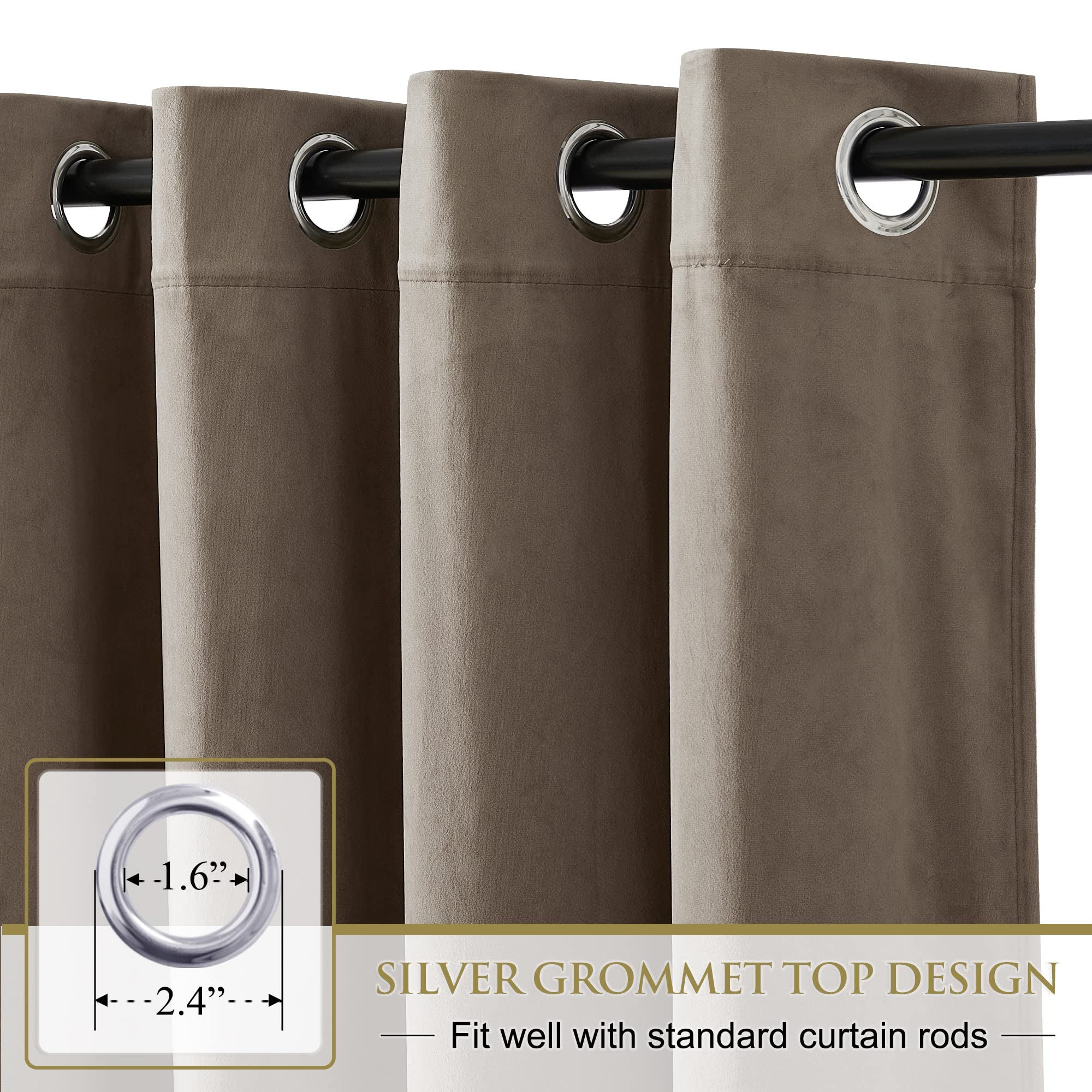 Detail of brown velvet privacy blackout curtains with silver grommet top, showing a 1.6" diameter grommet for bedroom & living room.