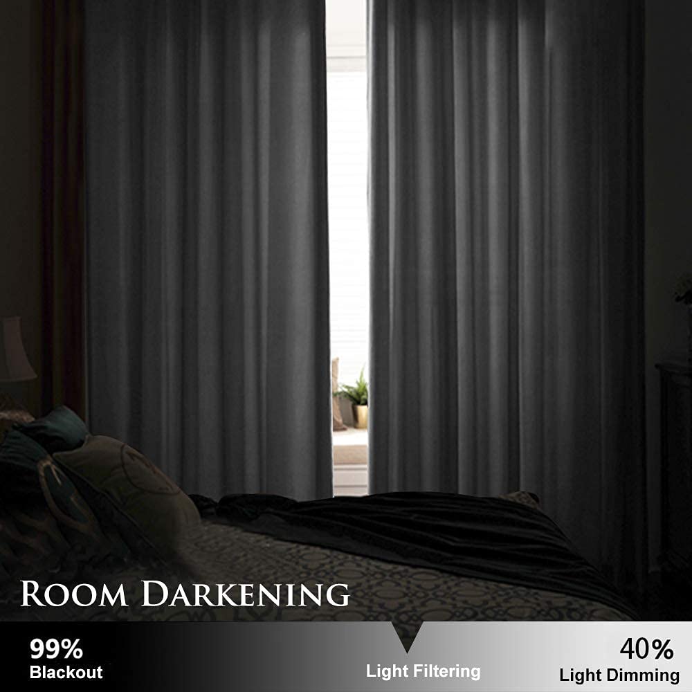 Two dark grey velvet grommet blackout curtains (2 panels) partially open in a dim bedroom, showcasing room darkening & privacy.