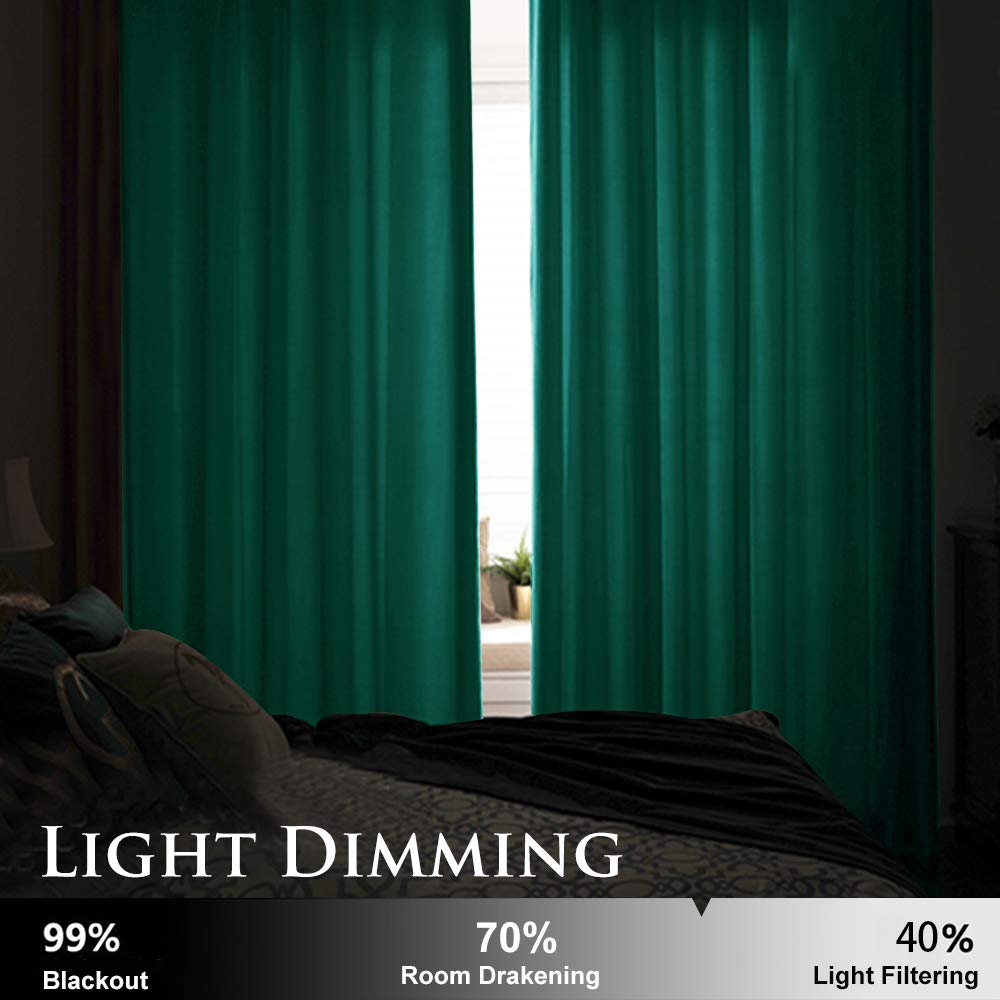 Lush dark green velvet grommet blackout curtains, 2 panels, partially closed in a bedroom, offering light blocking & privacy.