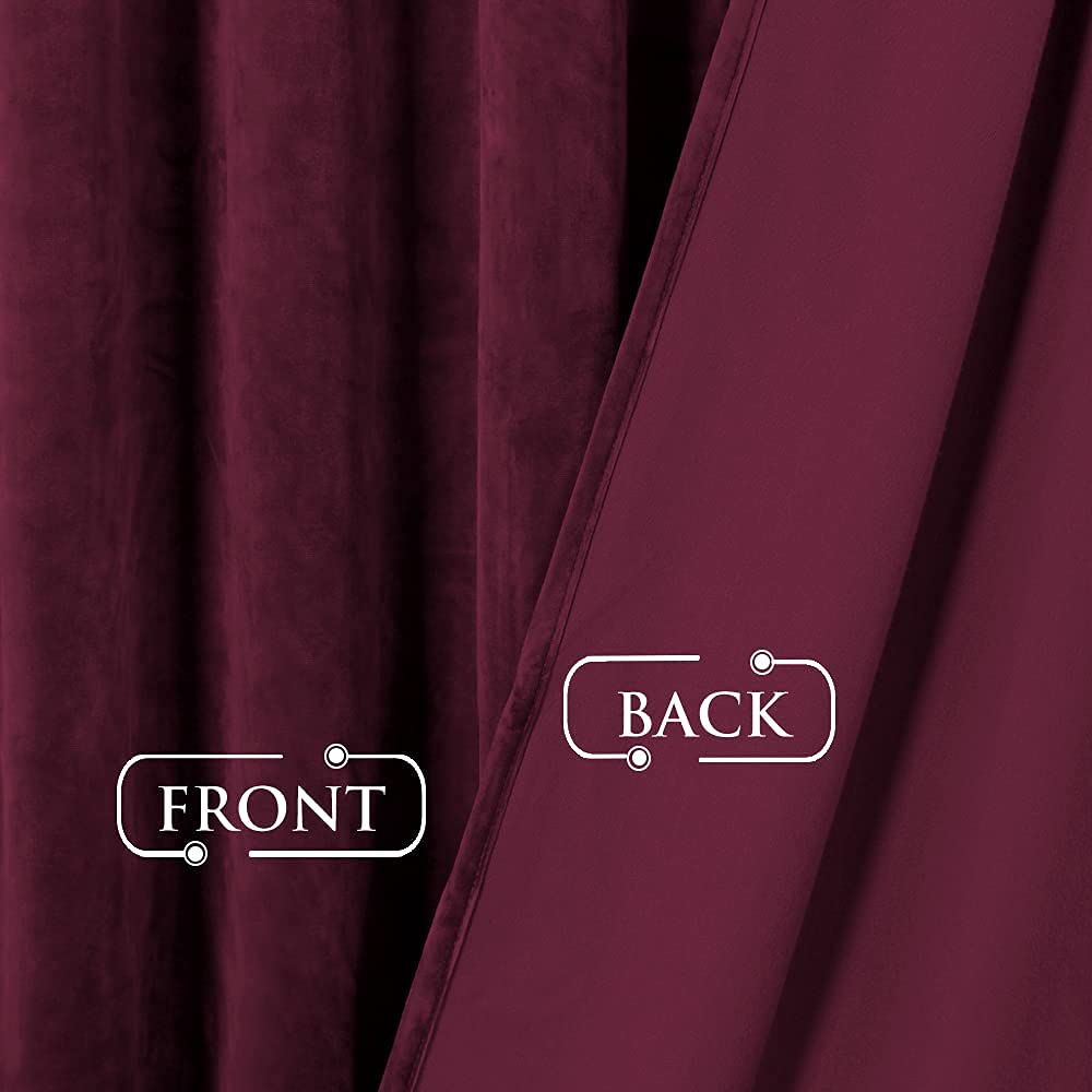 Burgundy velvet blackout curtain front (plush texture) and back (smooth lining), highlighting fabric for privacy protection.