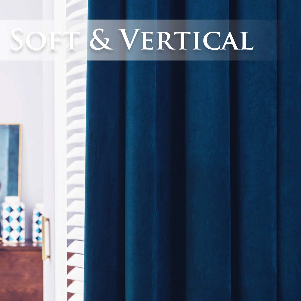 Dark blue velvet blackout curtain with soft, vertical folds for bedroom and living room privacy