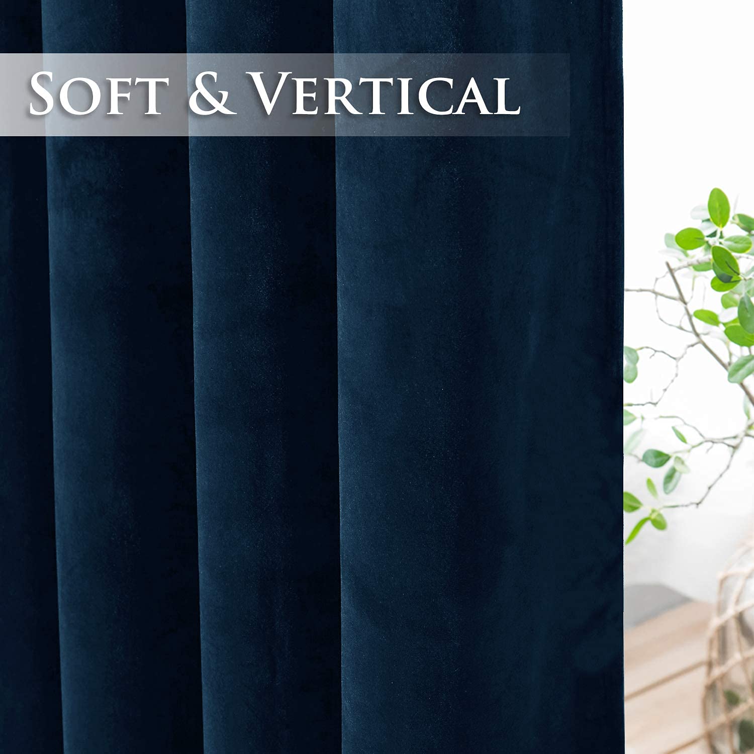 Navy blue velvet blackout curtain with elegant vertical folds, highlighting its soft texture for bedroom & living room privacy.