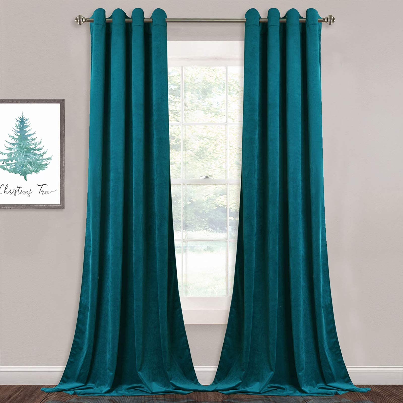 Two luxurious teal velvet grommet blackout privacy curtain panels, partially open, enhancing a bedroom or living room window.