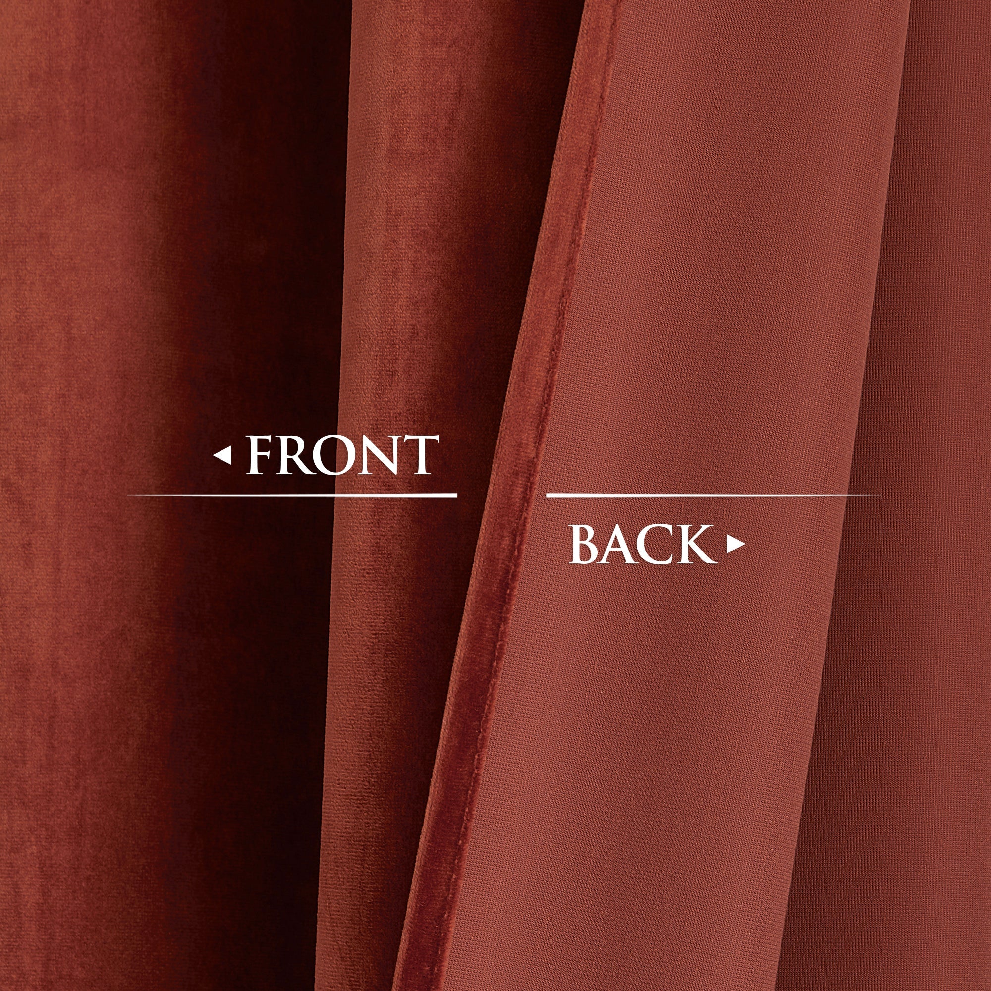 Burnt orange velvet blackout curtain fabric, showcasing the plush front and the tightly woven, privacy-enhancing back.