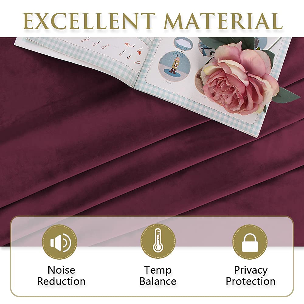 Close-up of luxurious dark red velvet blackout curtain fabric, showcasing noise reduction, temp balance, and privacy protection.